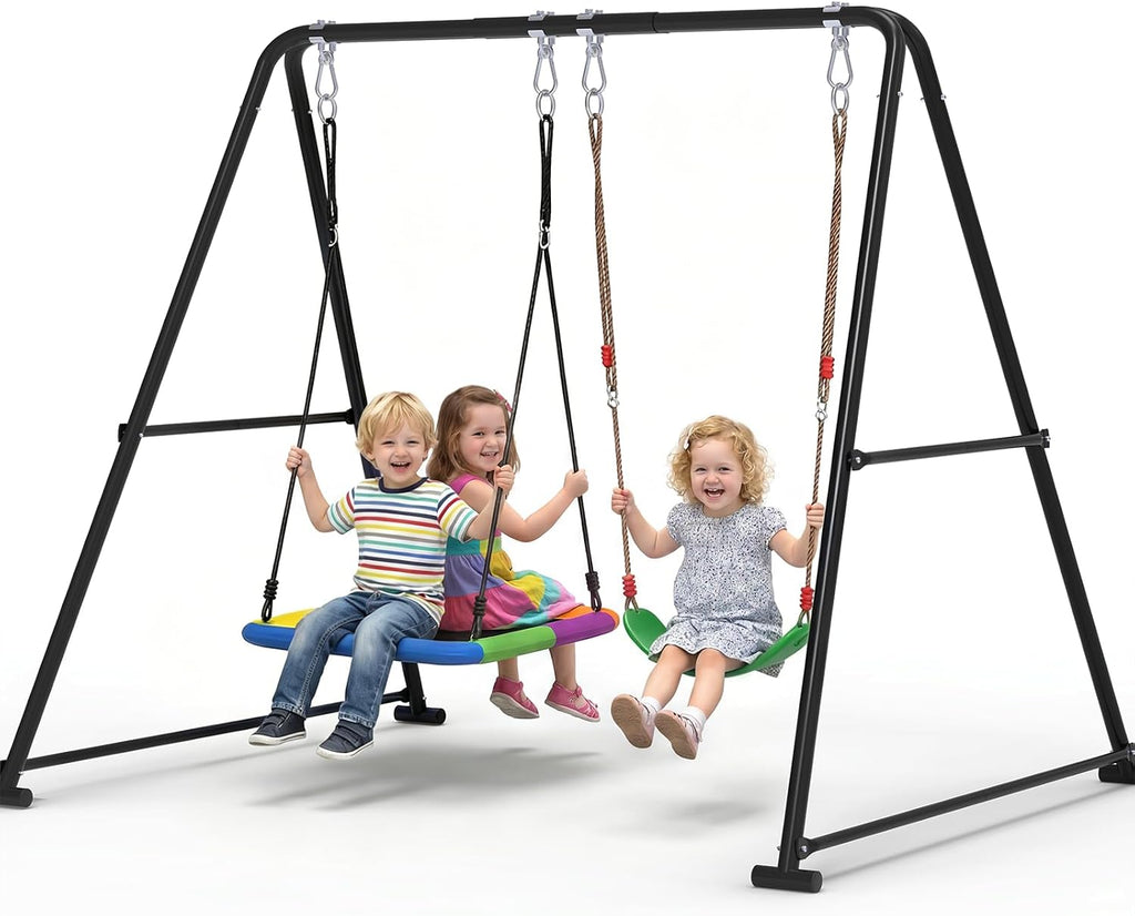 2-in-1 Swing Set for Backyard for Kids, with 1 Platform Swing, 1 Belt Swing, 440lbs Metal Swing Set for Toddler