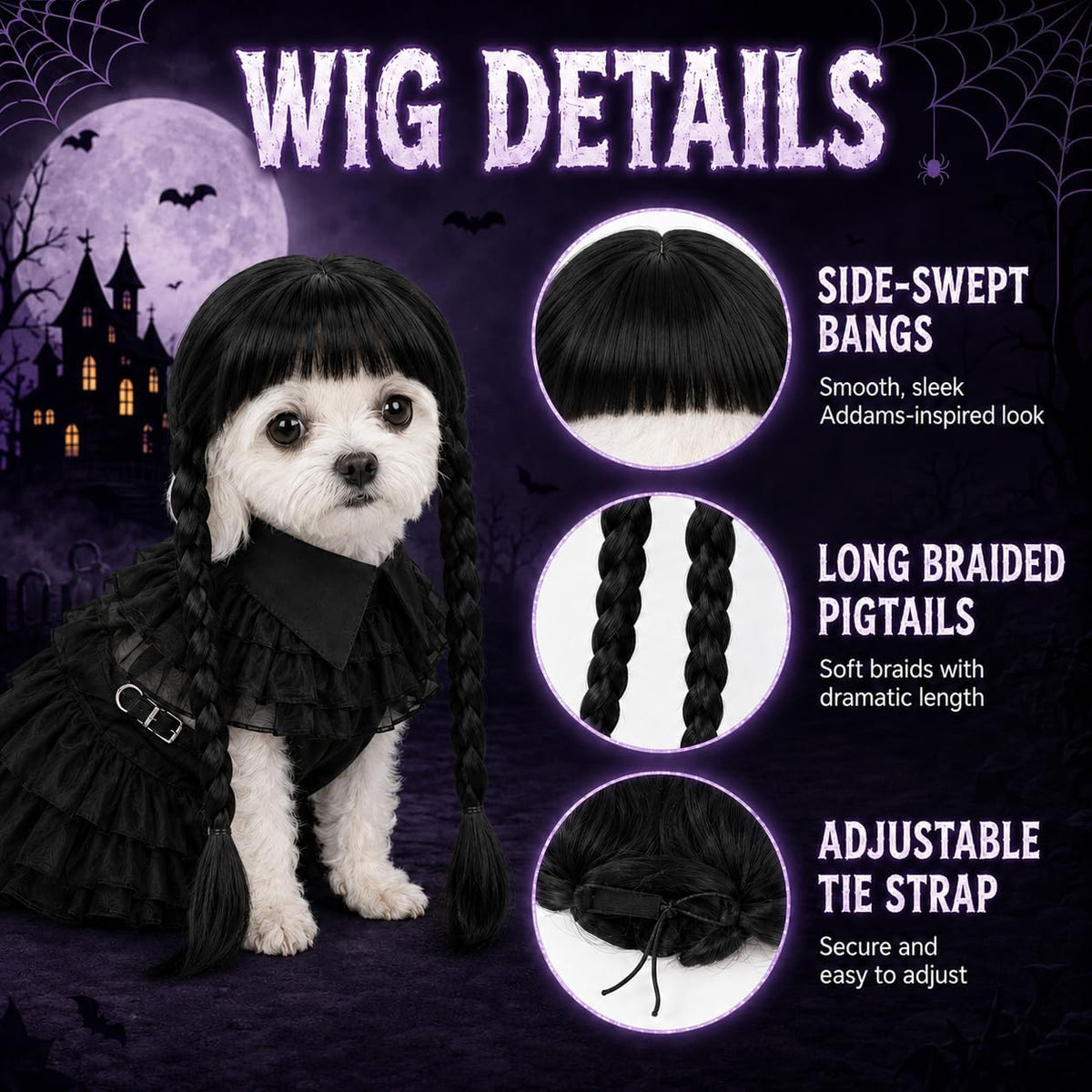 Halloween Dog Costumes - 3 Pcs Puppy Cute Pet Black Dress & Wig, Small