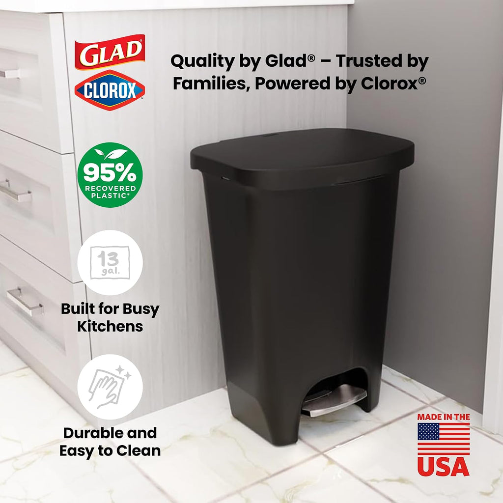 Premium Trash Can with Clorox Odor Protection, 13 Gallon, Black | Plastic Kitchen Waste Bin | Hands Free with