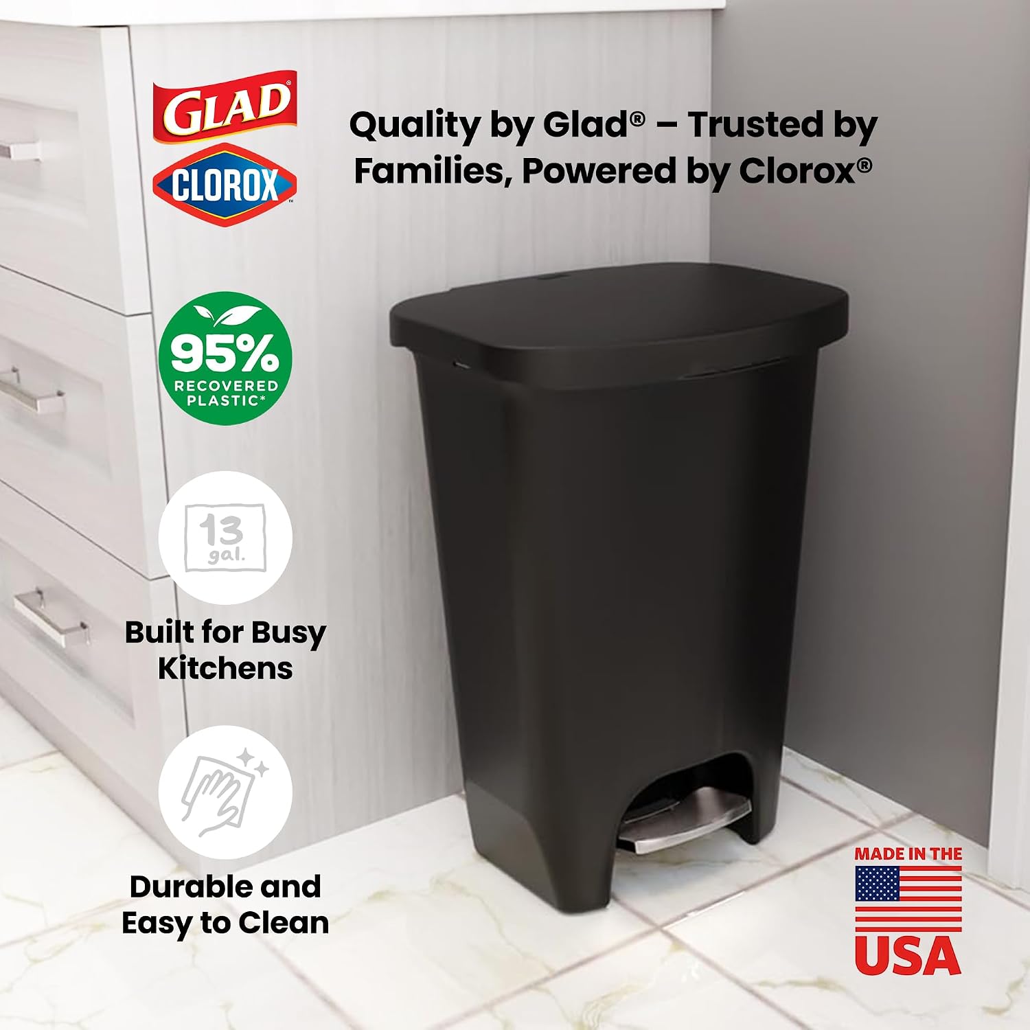 Premium Trash Can with Clorox Odor Protection, 13 Gallon, Black | Plastic Kitchen Waste Bin | Hands Free with