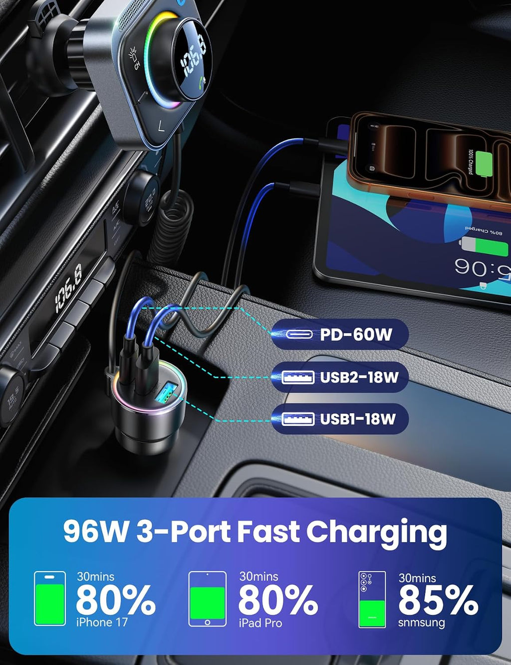 Bluetooth 6.0 Car Adapter FM & AUX HiFi Bass 96W Fast Charging | PD 60W & 2*QC 18W, Air Vent Installation for Safe