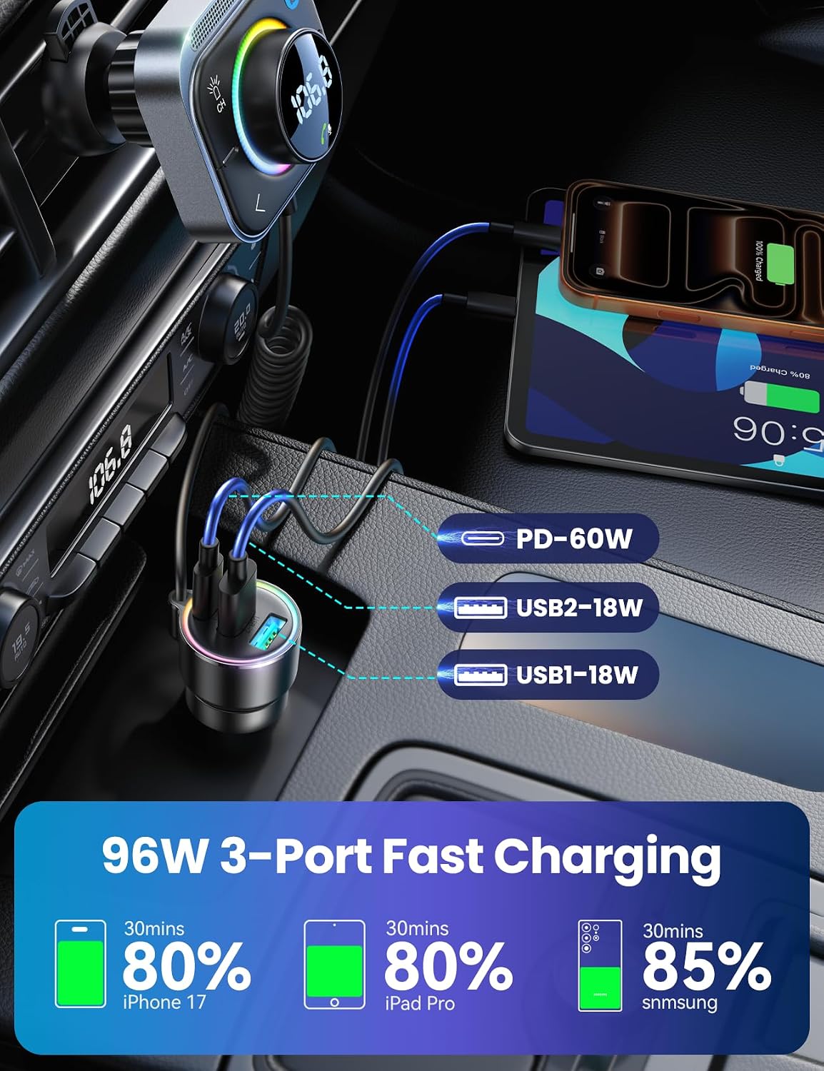Bluetooth 6.0 Car Adapter FM & AUX HiFi Bass 96W Fast Charging | PD 60W & 2*QC 18W, Air Vent Installation for Safe