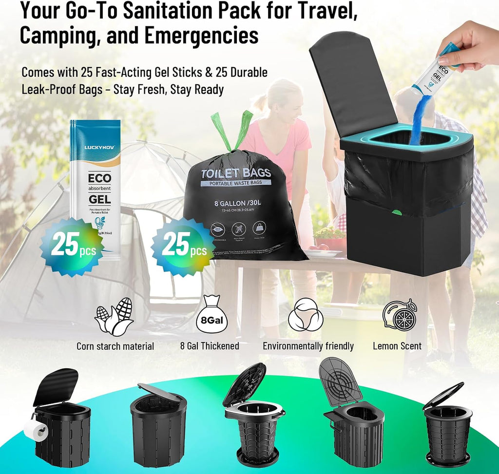 25 Portable Toilet Bags with 25 Poo Gels, 8 Gallon Leak-Proof Camping Toilet Waste Bags – Absorbent Gel Value Pack