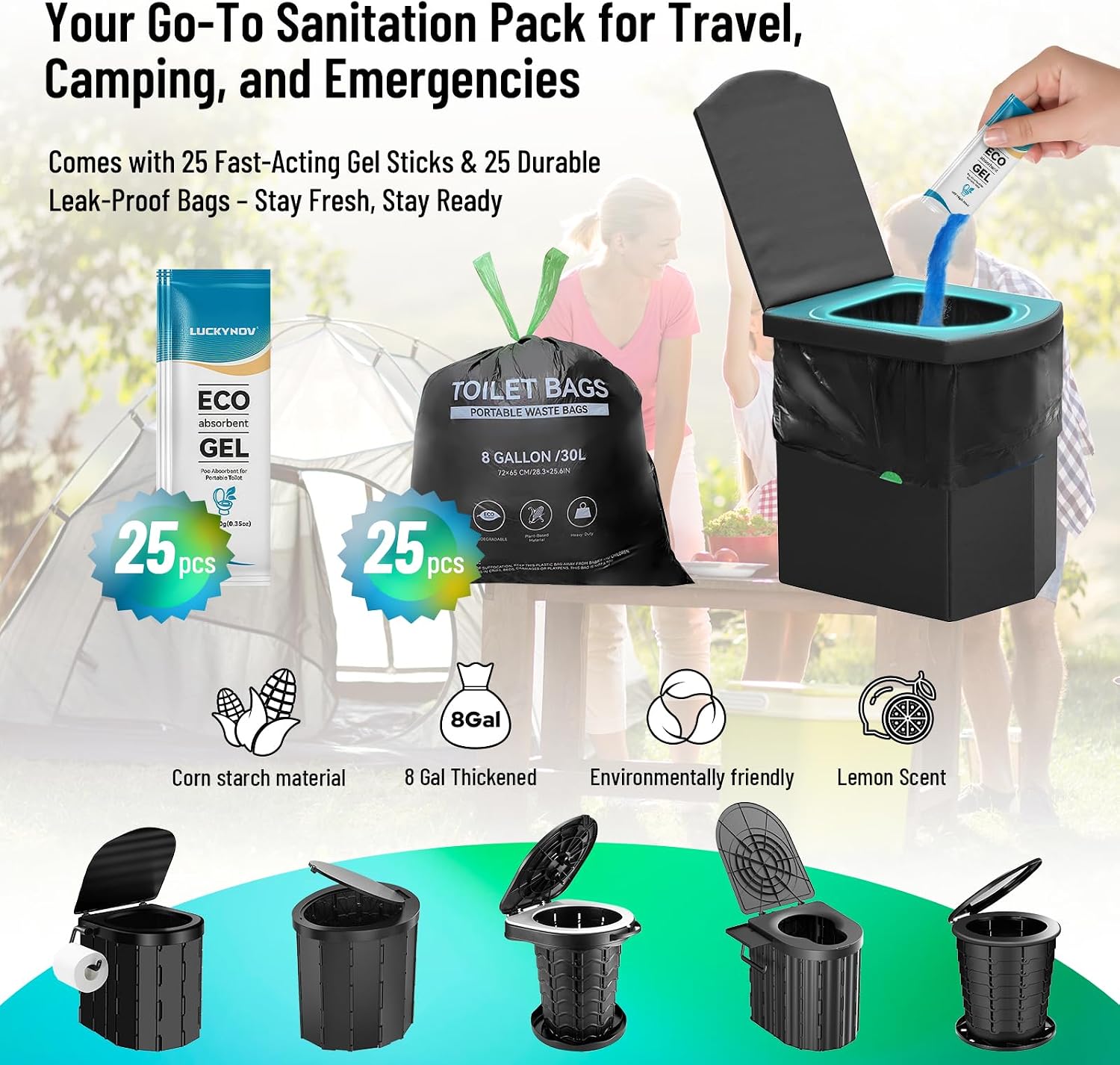25 Portable Toilet Bags with 25 Poo Gels, 8 Gallon Leak-Proof Camping Toilet Waste Bags – Absorbent Gel Value Pack