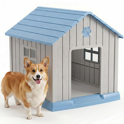 Medium Dog House Outdoor, Waterproof Resin Dog Kennel for Small Dogs