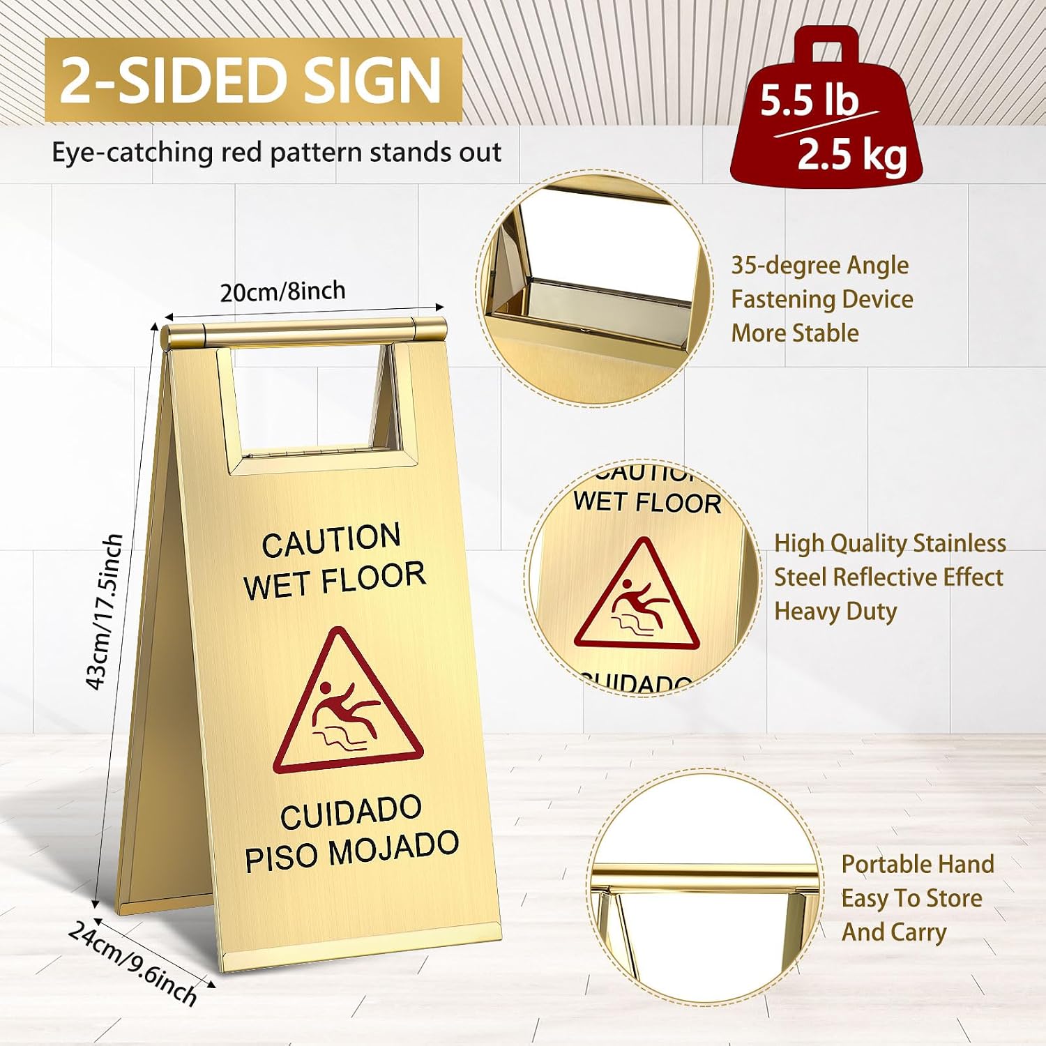 2 Pcs Wet Floor Sign, 17 Inch Stainless Steel Caution Wet Floor Sign Double Sided Portable Foldable Bilingual Safety