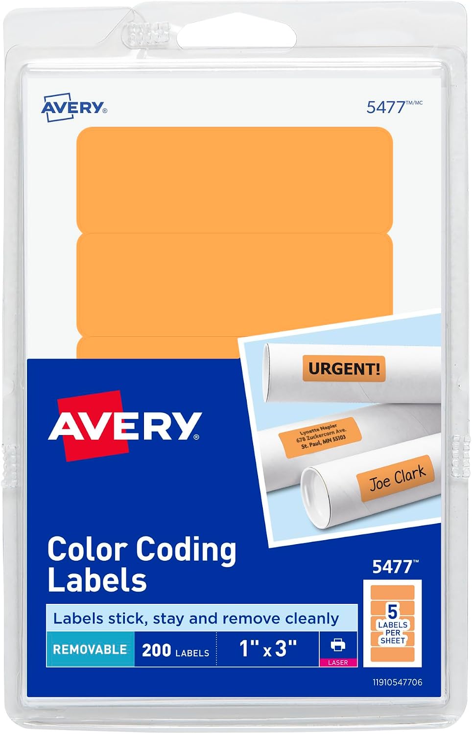 Self-Adhesive Removable Labels, 1 x 3 Inches, Orange Neon, 200 per Pack (05477)
