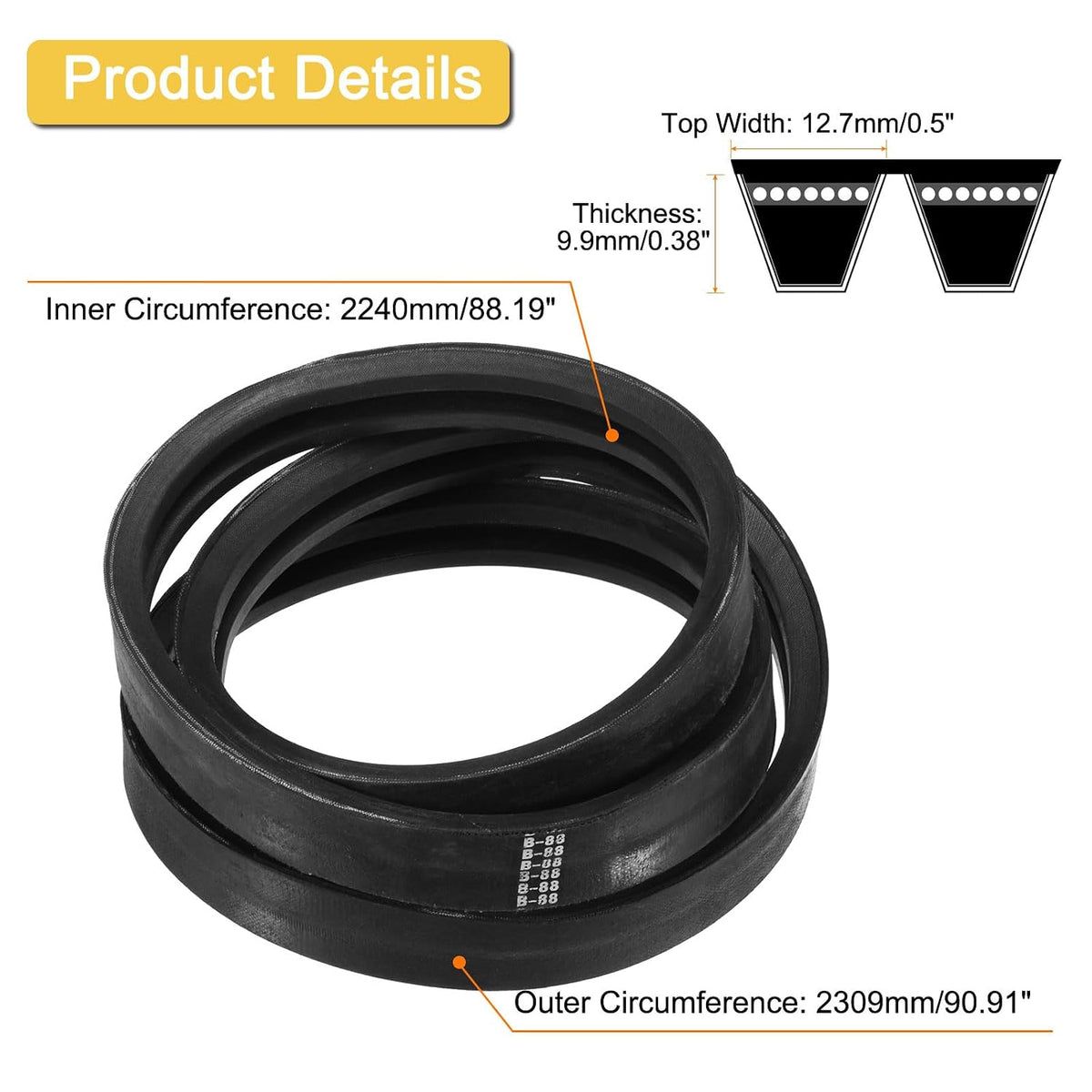uxcell 2/B88 Classic Wrapped 2 Banded 91" Outer Circ B Profile V-Belt