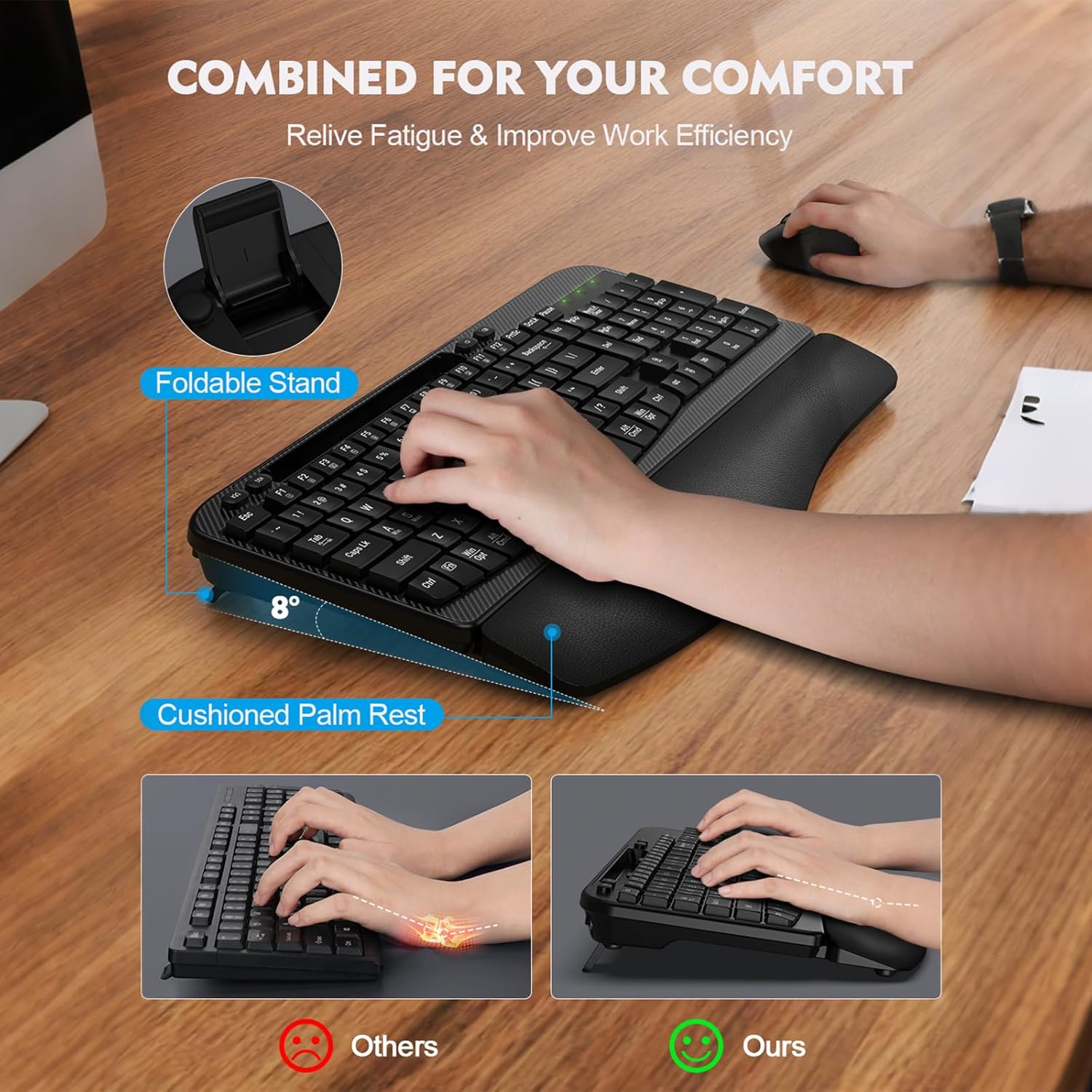 Wireless Keyboard and Mouse Combo, Full-Sized Ergonomic Wave Keys Keyboard with Memory Foam Wrist Rest & Phone