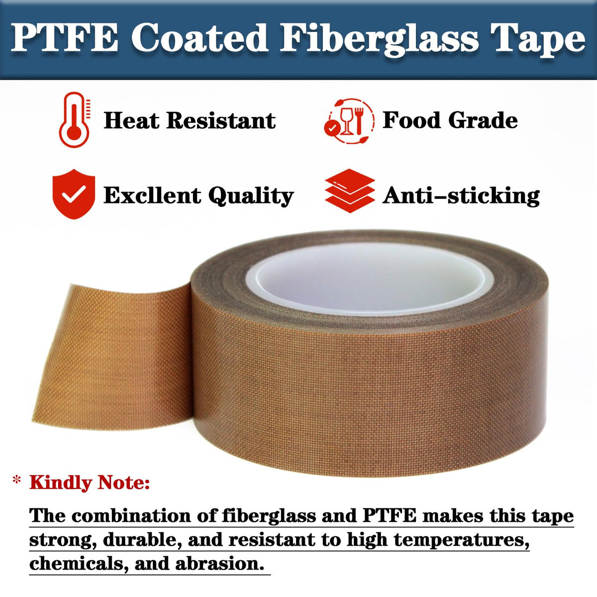 High Temperature PTFE Teflon Tape, 2 in x 33 ft, Non-Stick for Heat Sealers