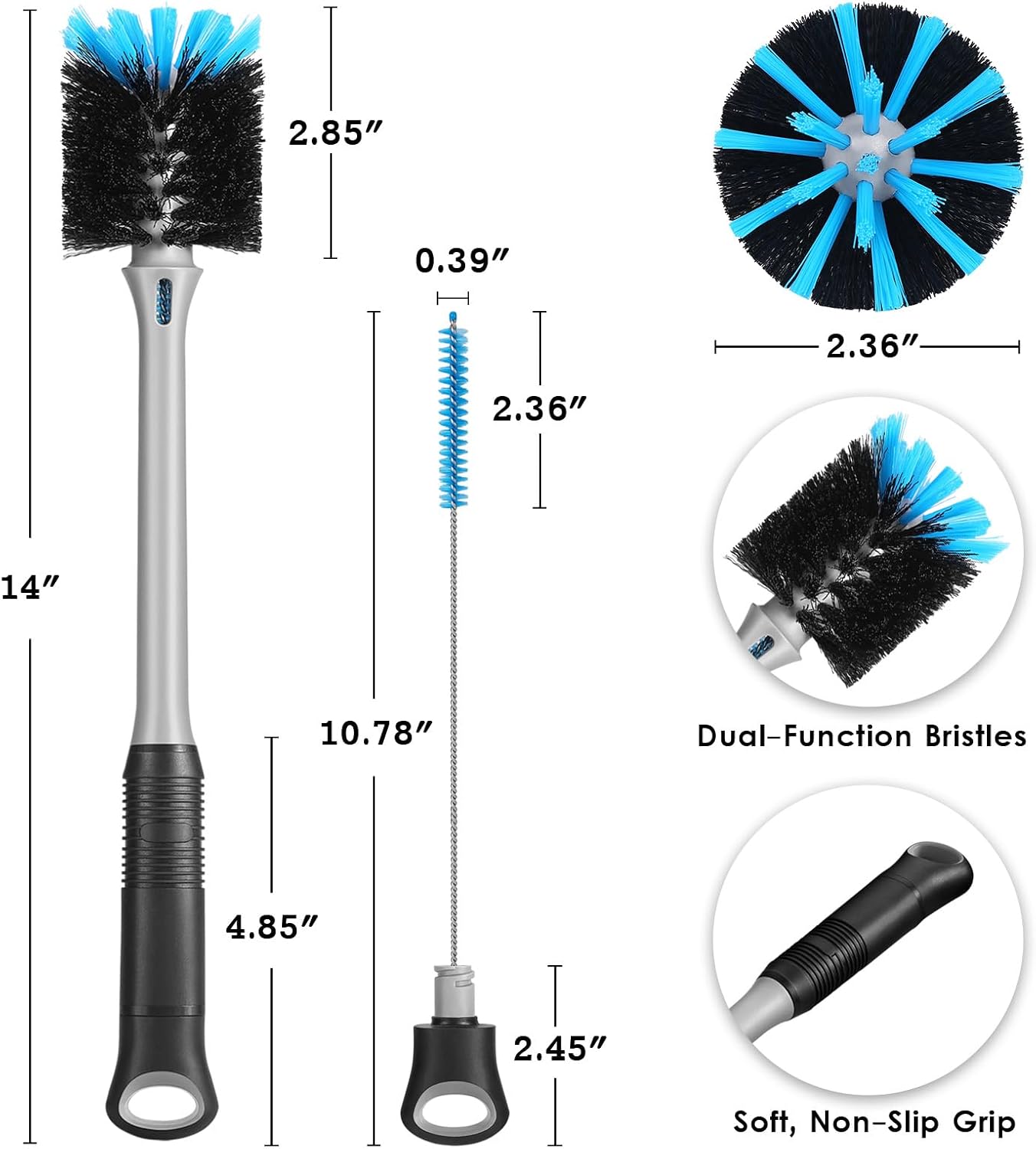 2-in-1 Bottle Brush and Straw Cleaner Brush, Black, 1 Pack | Long Handle Water Bottle Scrubbing Brush for Water