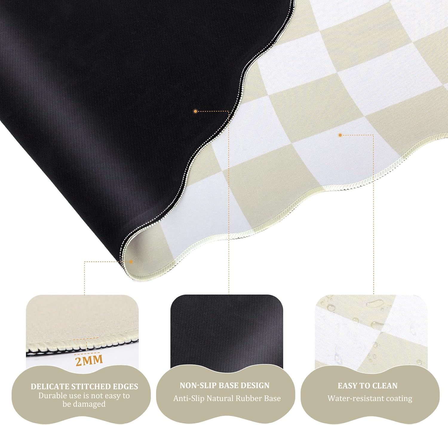 Beige Checkered Mouse Pad Set,Scalloped XXL Desk Mat Set | Desk Mat+Ergonomic Mouse Wrist Rest+Gel Keyboard Wrist