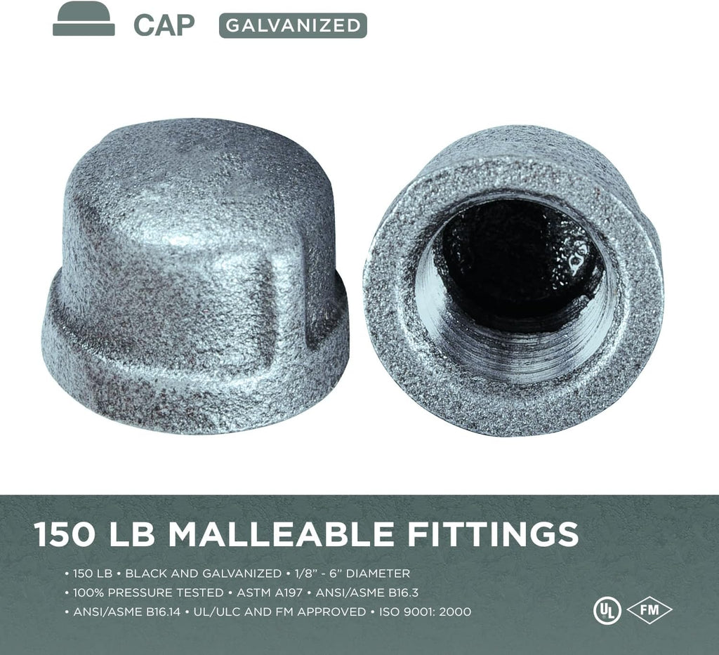 Supply Giant HNDQ0114 1-1/4" Galvanized Malleable Iron Pipe Cap for 150 lb Applications, with Female Thread, 1-1/4 in