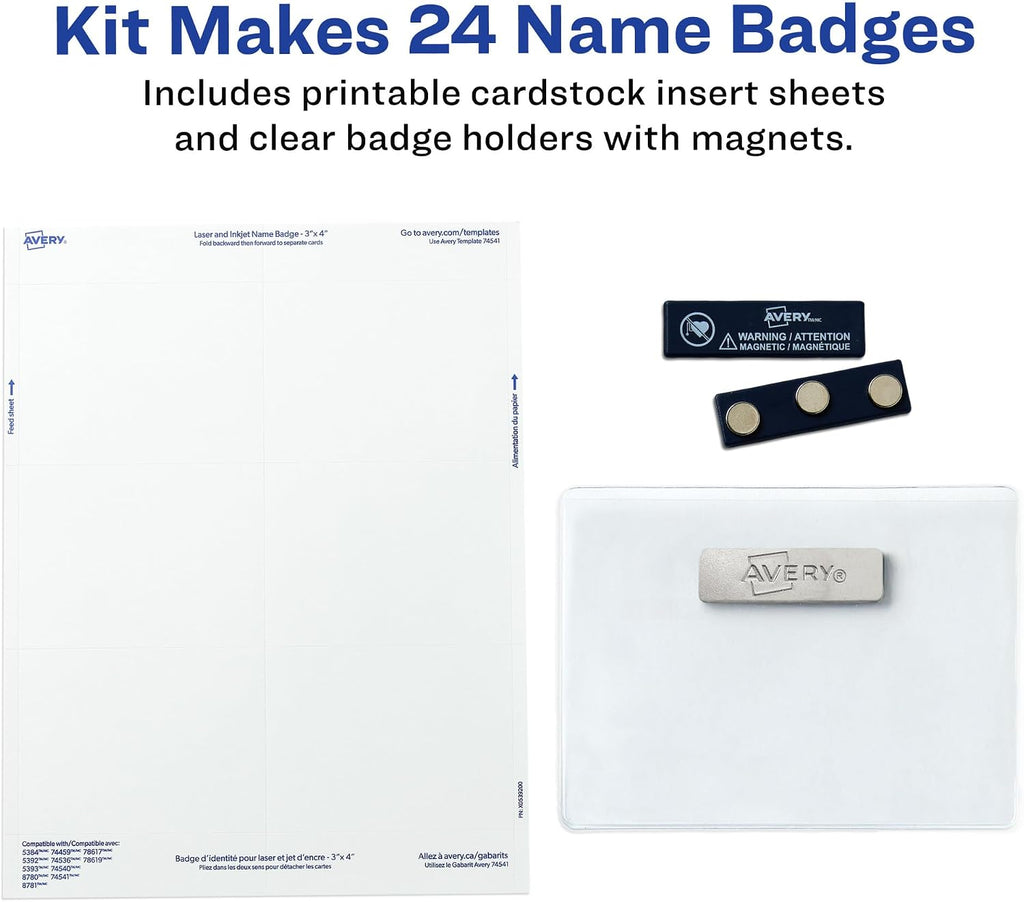 Customizable Name Badges, Magnet Style, 3" x 4", Clear Name Tag Holders, White Laser/Inkjet Printable Inserts, 24