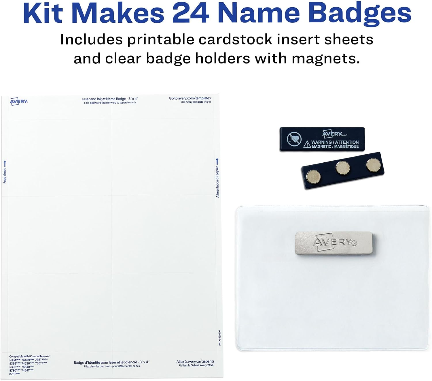 Customizable Name Badges, Magnet Style, 3" x 4", Clear Name Tag Holders, White Laser/Inkjet Printable Inserts, 24