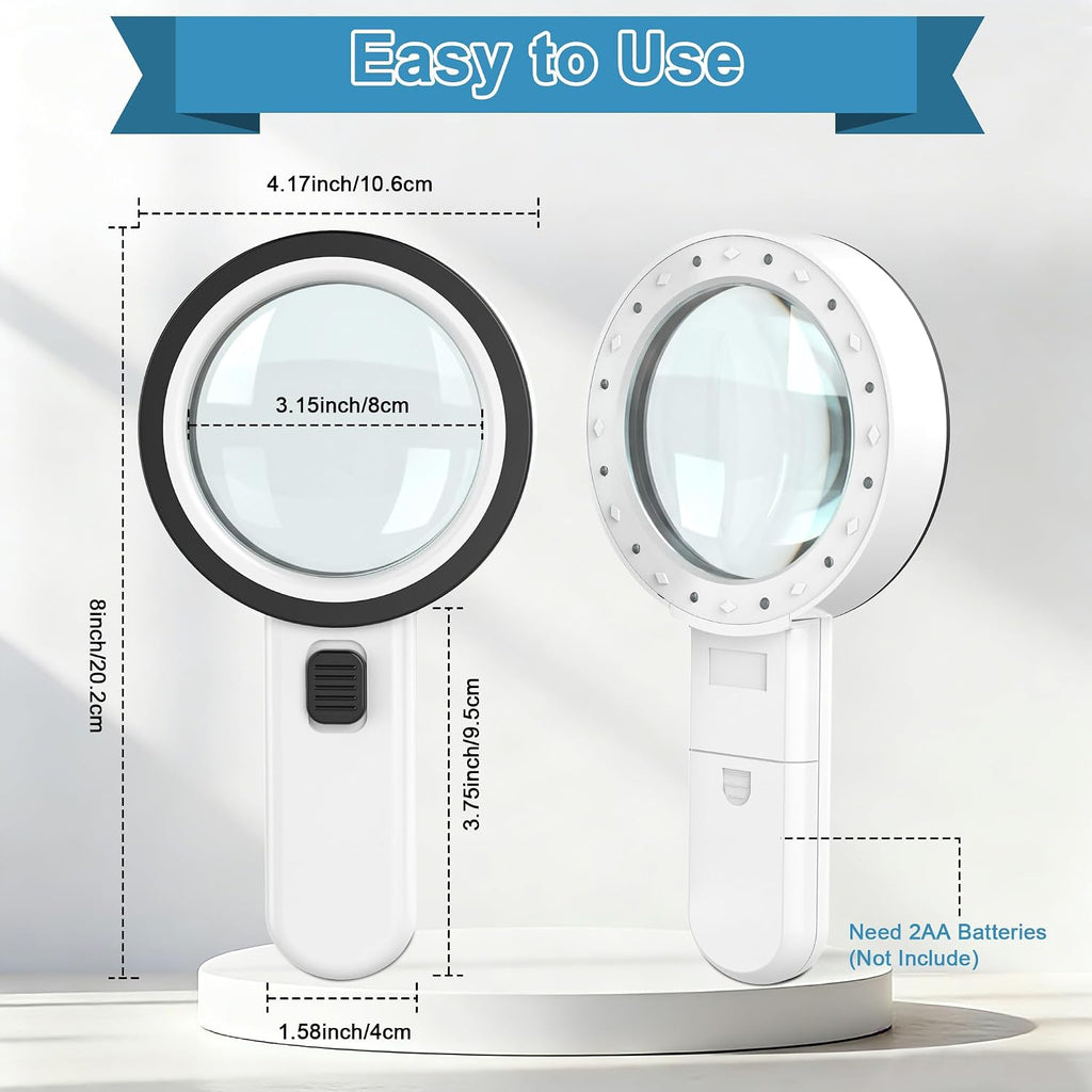 Magnifying Glass with 12 LED Lights for Senior Reading, 10X | Ultra-clear Handheld Reading Magnifier for Seniors