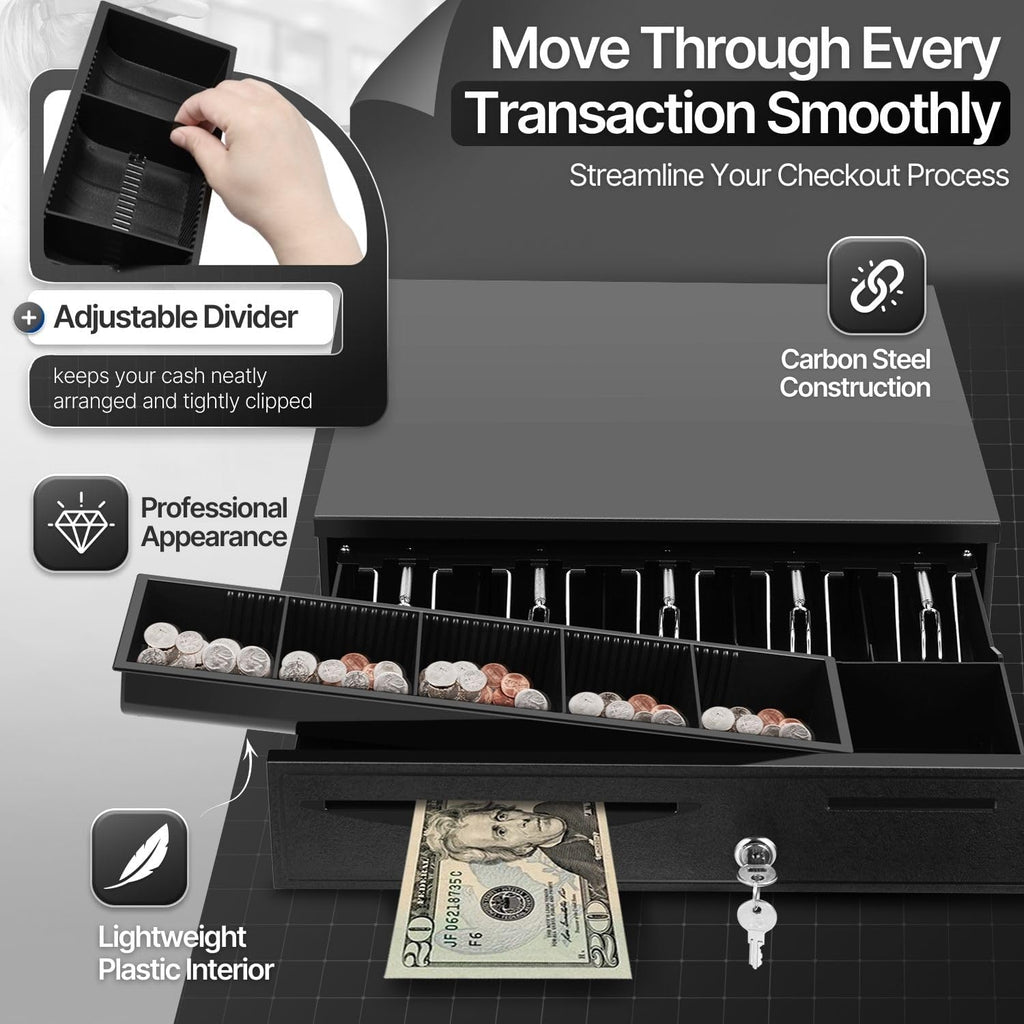 16-Inch Cash Drawer for Small Businesses, 5 Bill/5 Coin, Black | Pos Cash Register Drawer with Rj11/Rj12 Cable