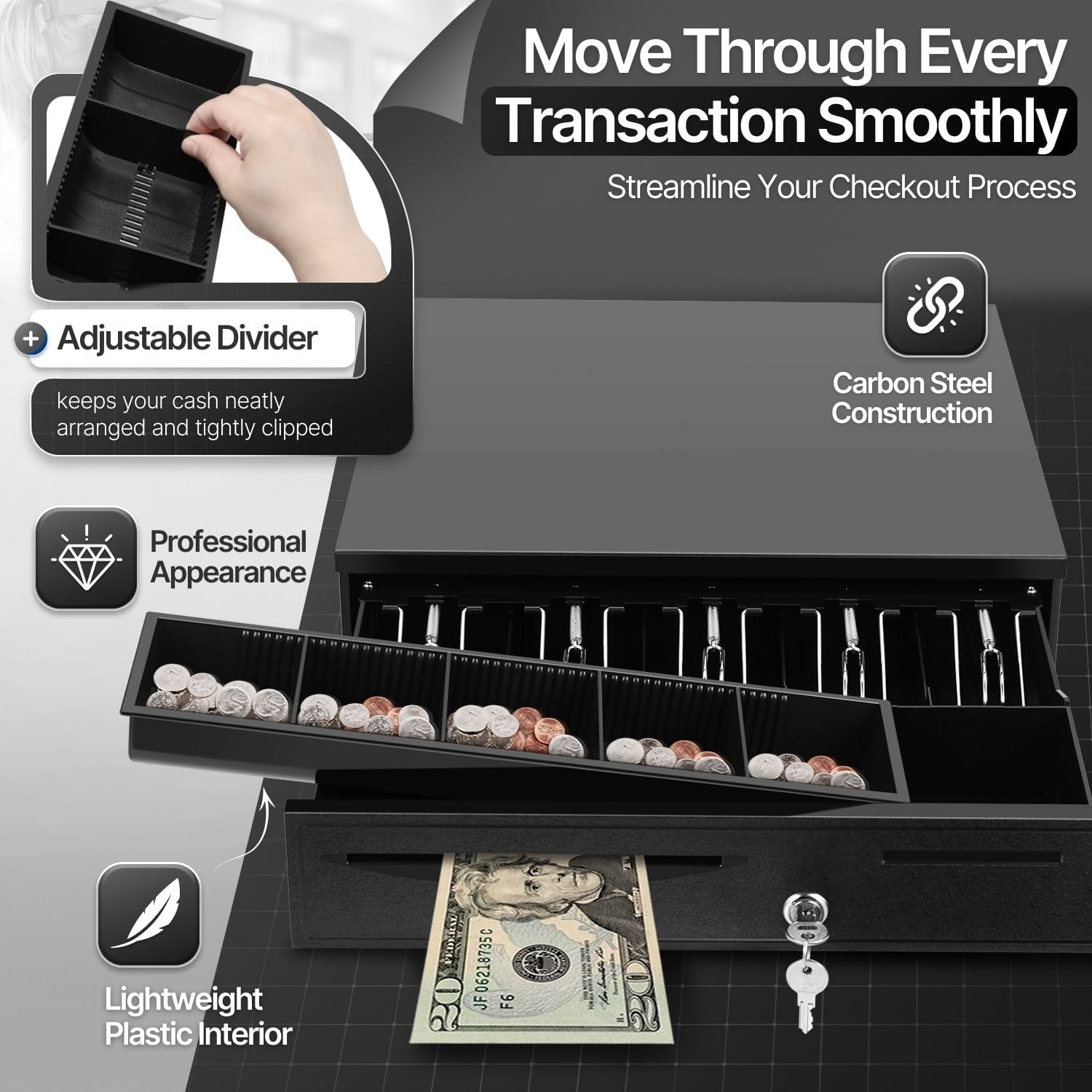 16-Inch Cash Drawer for Small Businesses, 5 Bill/5 Coin, Black | Pos Cash Register Drawer with Rj11/Rj12 Cable