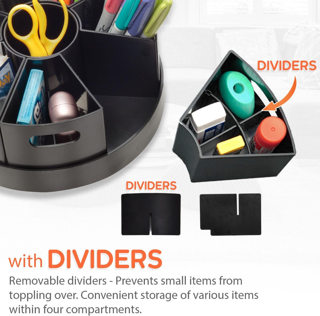 Black Rotating Desk Organizer with Dividers Lazy Susan Caddies for Home School Office Supplies, Pens, Markers and Art