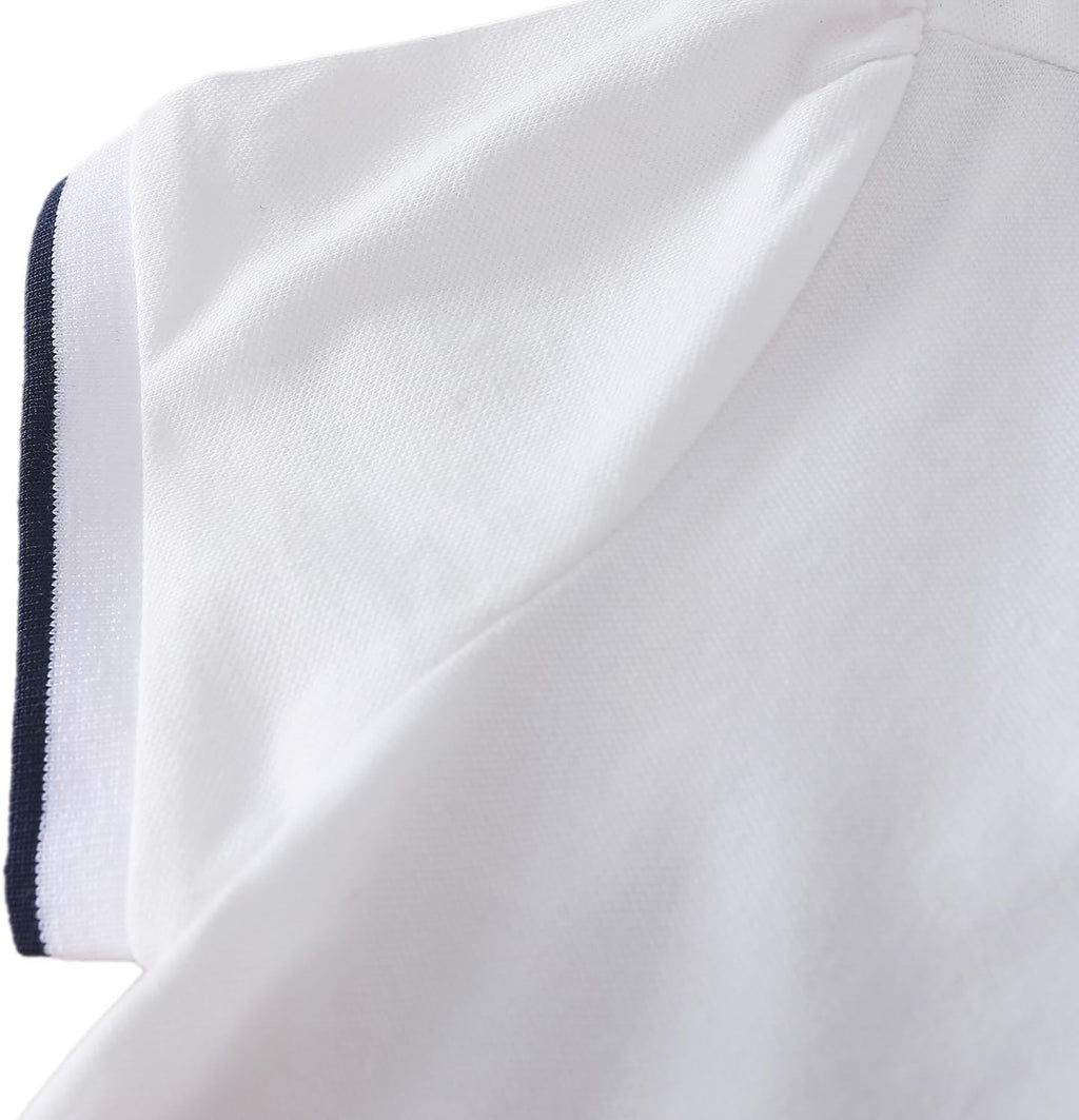 Girls Polo Shirt, White Short Sleeve Peter Pan Collar Top with Navy Trim, Ages 4-12