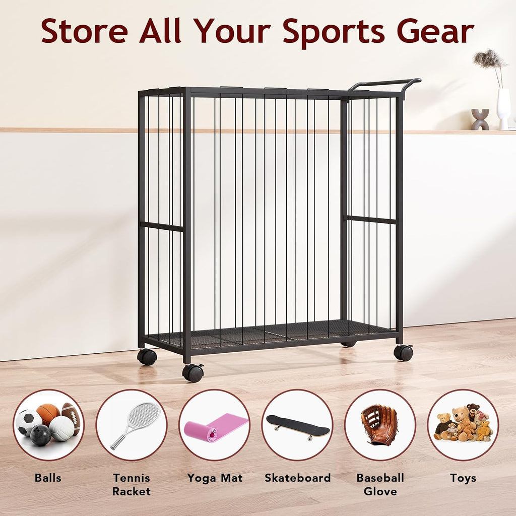 Ball Storage Bin Rolling Sports Ball Cart, Black | Metal Garage Organizer Sport Rack, Ball Basket Storage, Toys Cage