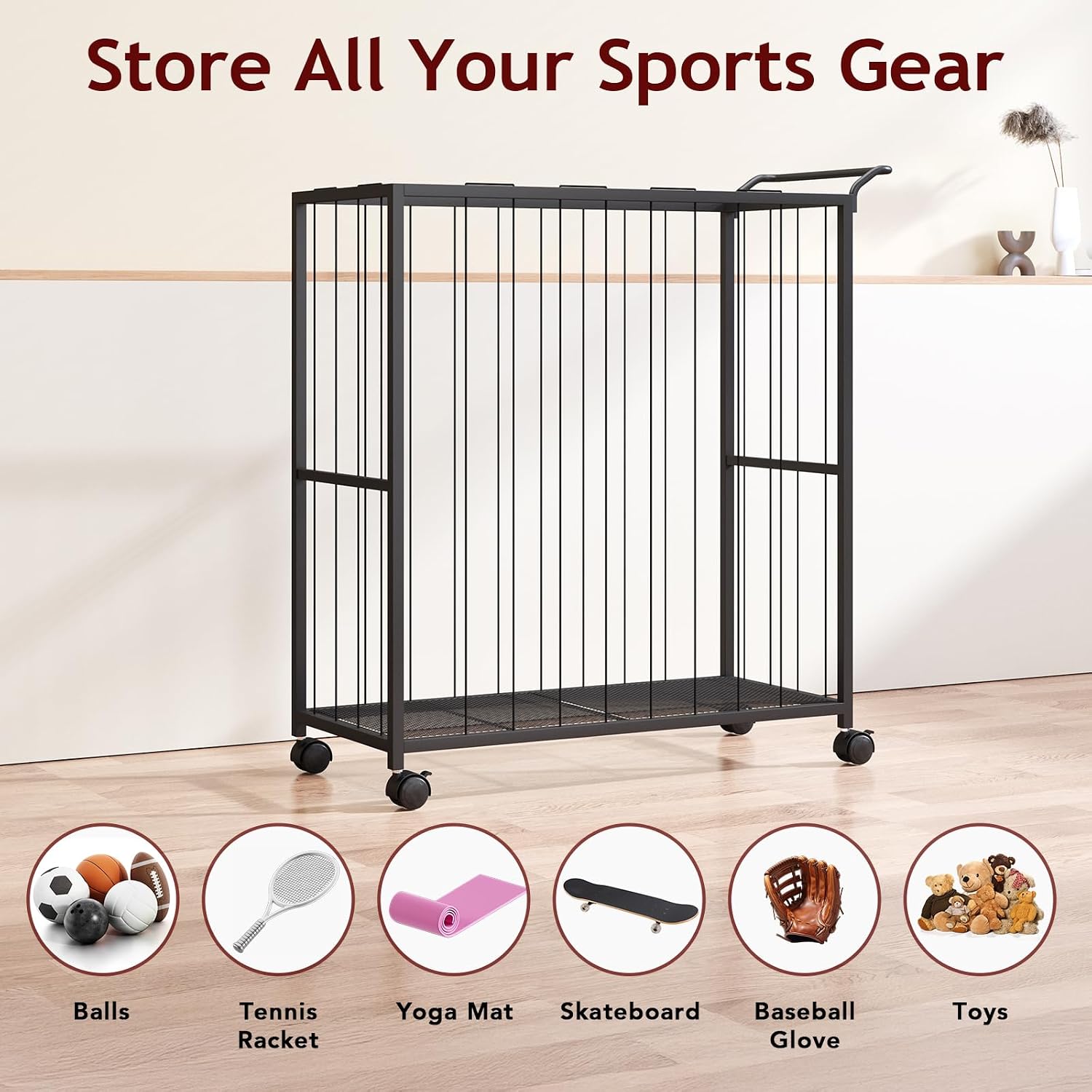 Ball Storage Bin Rolling Sports Ball Cart, Black | Metal Garage Organizer Sport Rack, Ball Basket Storage, Toys Cage