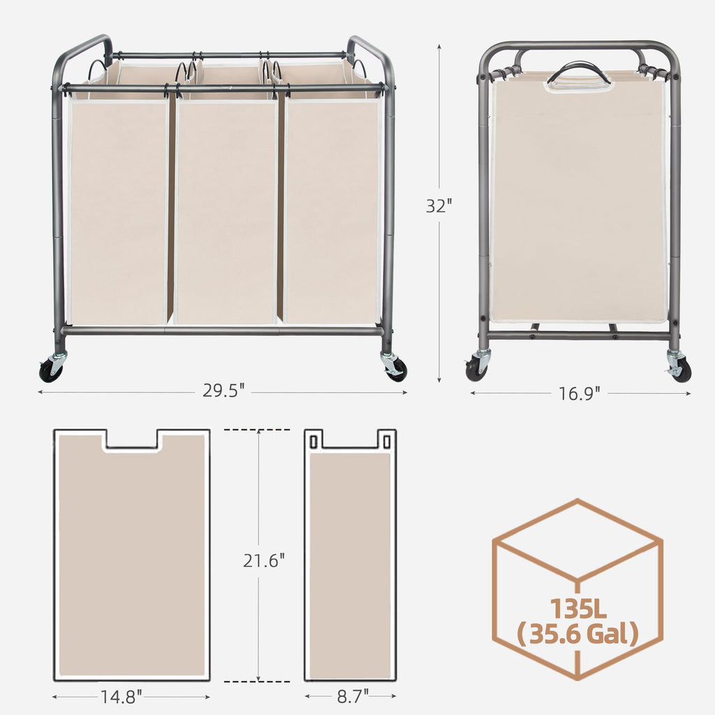 3 Section Laundry Sorter, Laundry Hamper with Wheels, Beige