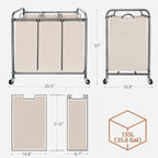 3 Section Laundry Sorter, Laundry Hamper with Wheels, Beige