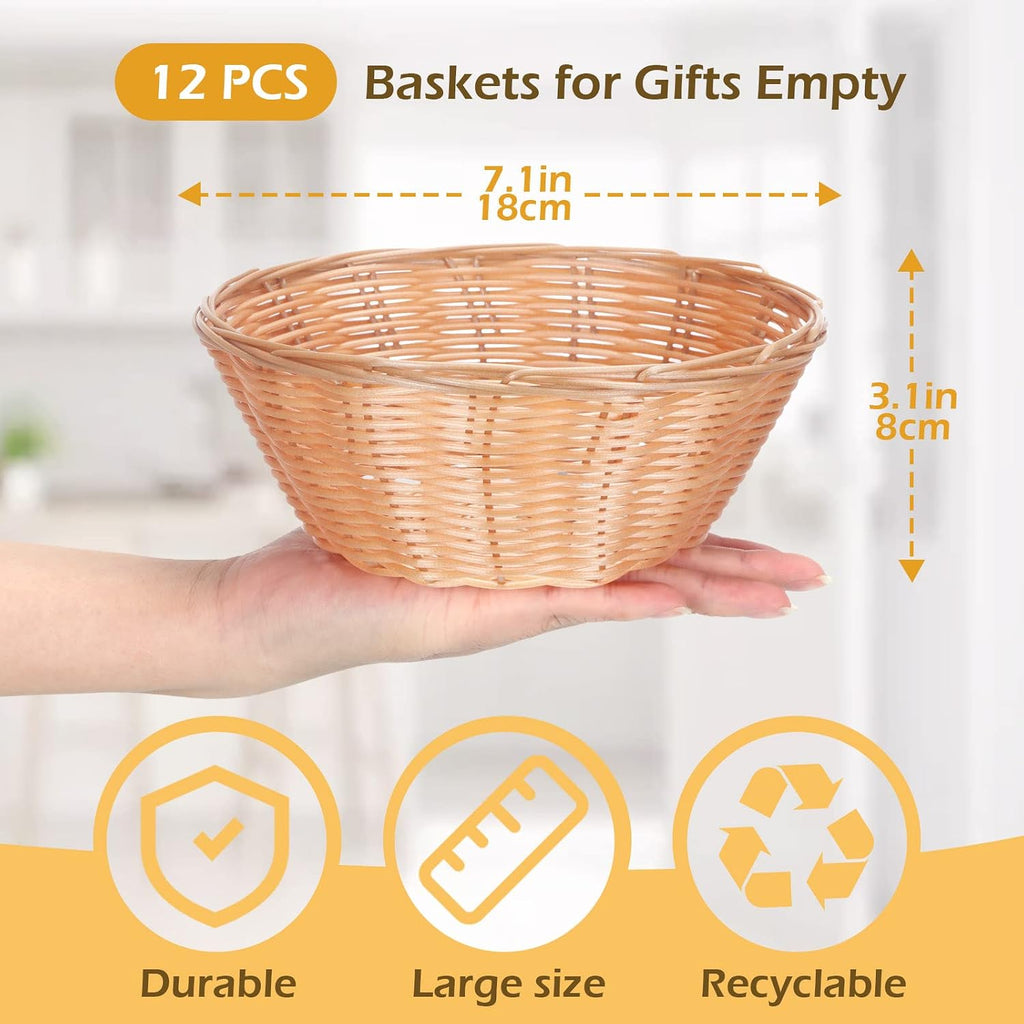 12 Pcs 7'' Woven Bread Baskets Bulk Plastic Round Woven Small Baskets for Gifts Empty Bread Serving for Food Fruit