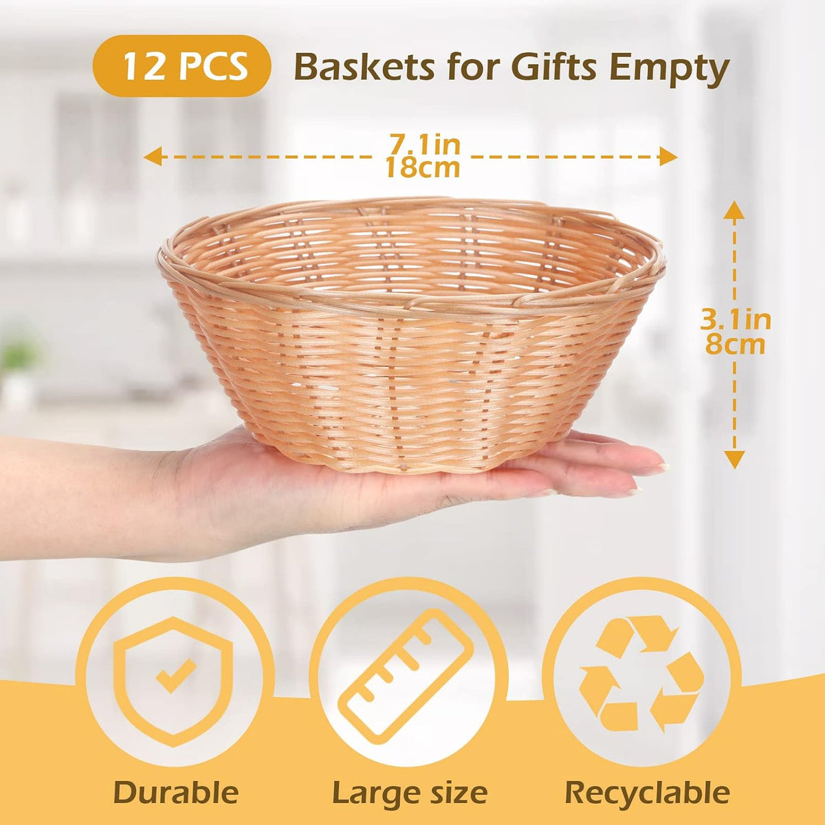 12 Pcs 7'' Woven Bread Baskets Bulk Plastic Round Woven Small Baskets for Gifts Empty Bread Serving for Food Fruit