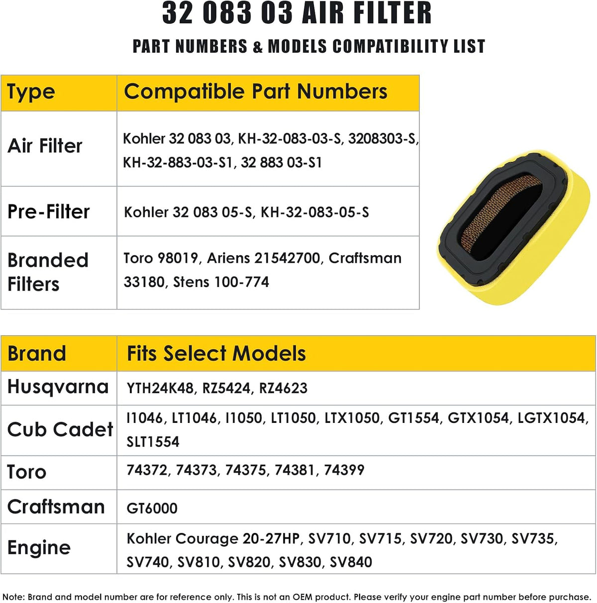 32 083 03 Air Filter Replacement for Kohler 32‑083‑03‑S,32‑883‑03‑S1