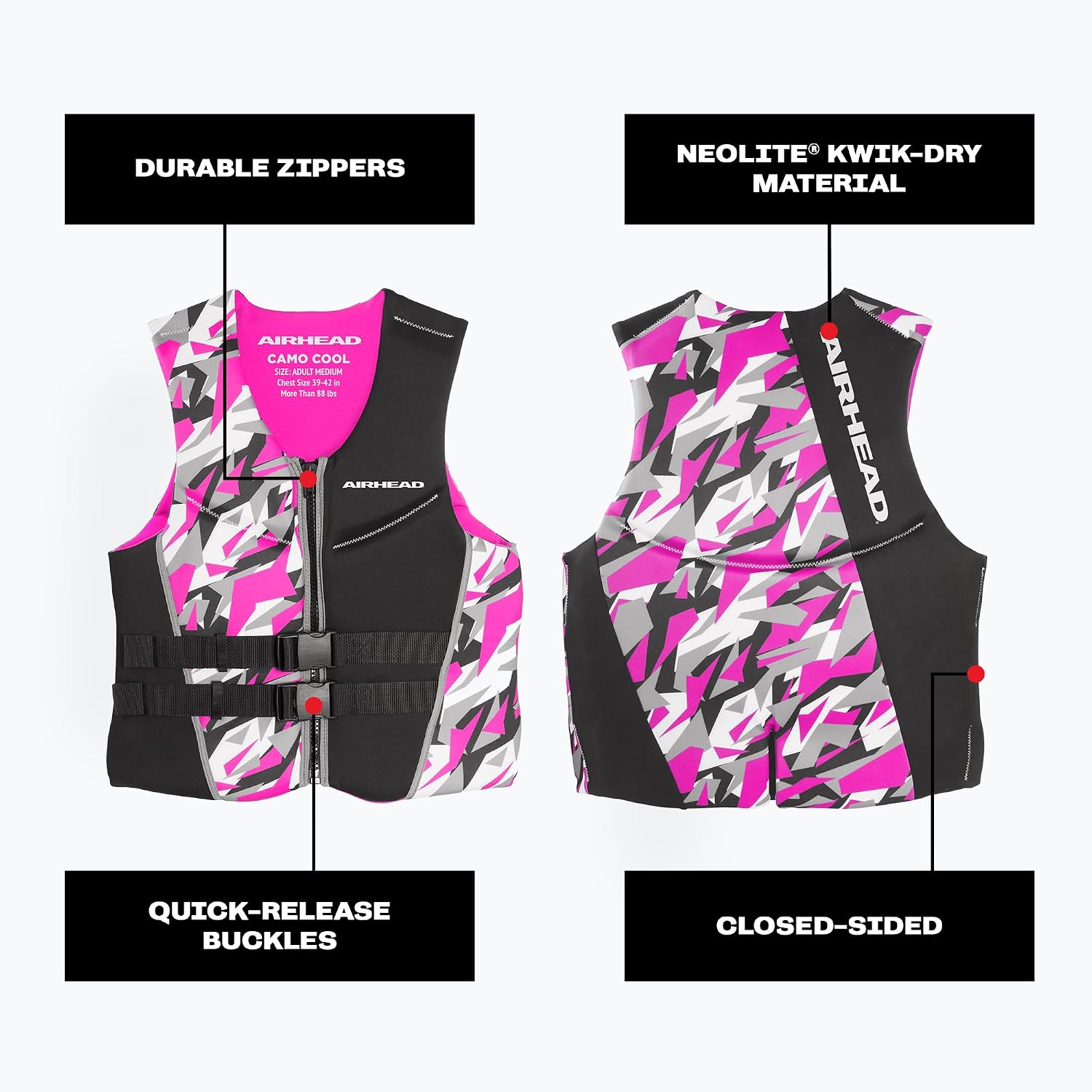 CAMO Cool Kwik-Dry Neolite Flex Life Jacket for Adults - USCG Approved Life Vest for Women & Men, Lightweight
