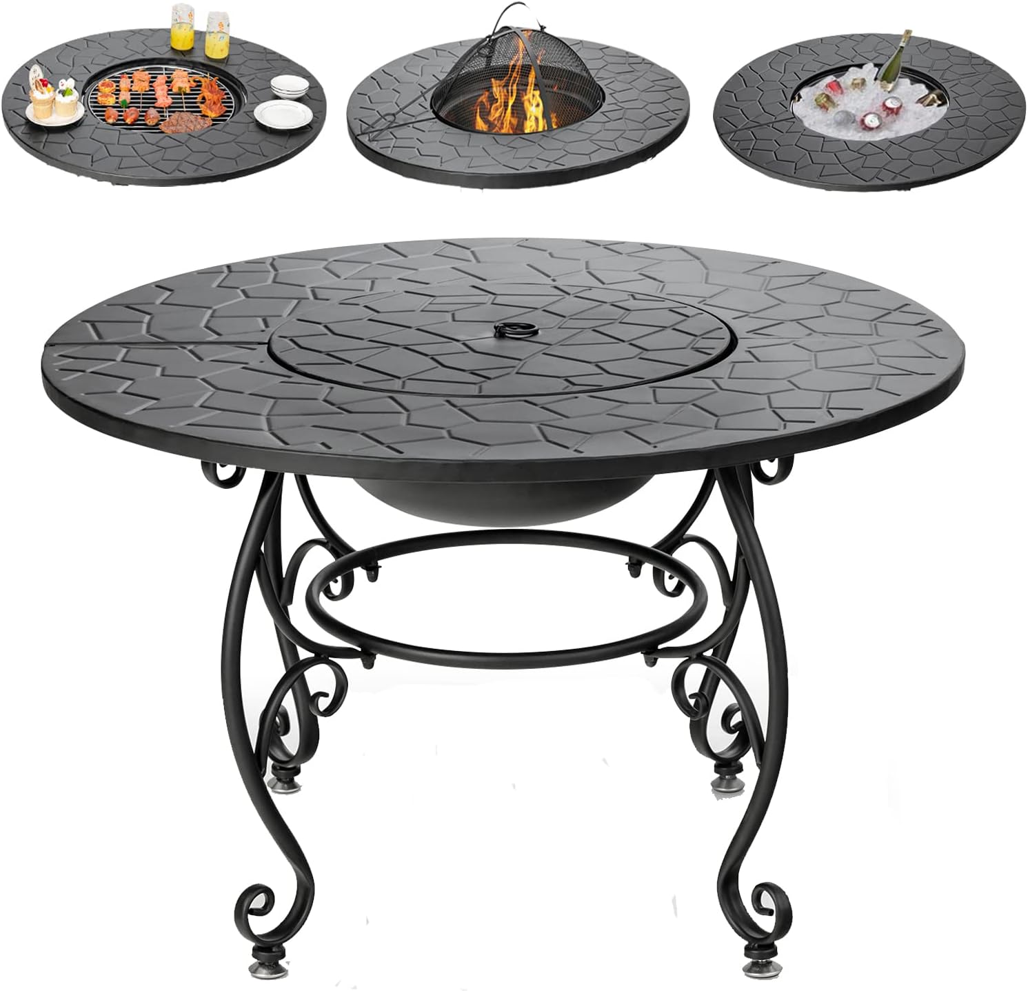 4-in-1 Fire Pit Table, 36" Outdoor Metal Round Dining Table