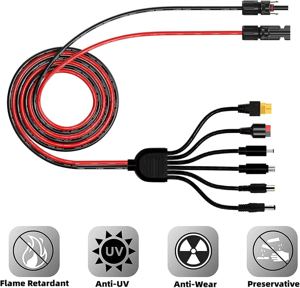 6 in 1 Solar Extension Cable XT60 Anderson DC Adapters 3.6FT | Pure copper, IP67 waterproof, 12AWG 16AWG. Connects