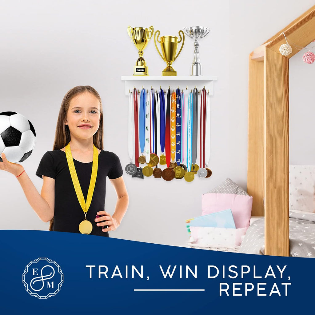 Medal Hanger Display and Trophy Shelf with Hooks - Wooden Medal Holder for Wall Mount Ribbon Display, Trophy Display