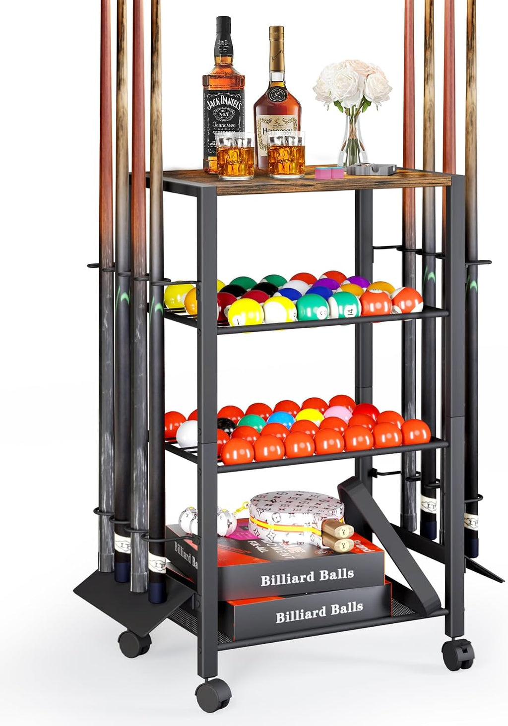 Pool Stick Holder Rack Stand for 8 Cue Sticks - Billiard Game Room Storage Cart with Organizer for Balls, Pool Table