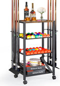 Pool Stick Holder Rack Stand for 8 Cue Sticks - Billiard Game Room Storage Cart with Organizer for Balls, Pool Table