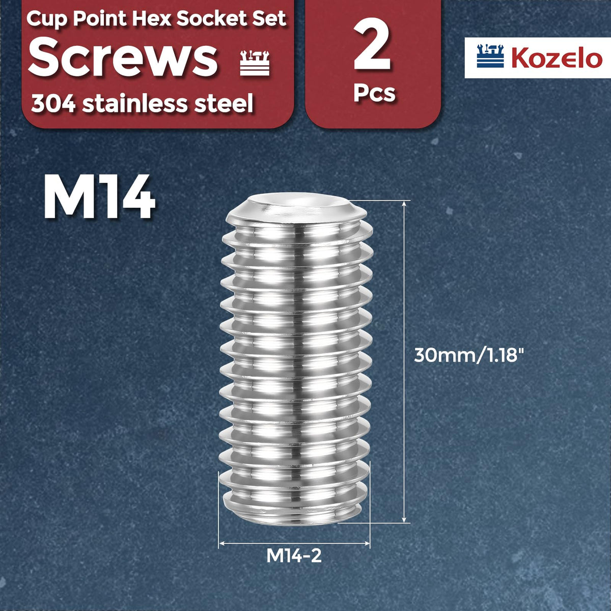 Kozelo 2pcs Cup Point Hex Socket Set Screws-M14-2x30mm 304 SS