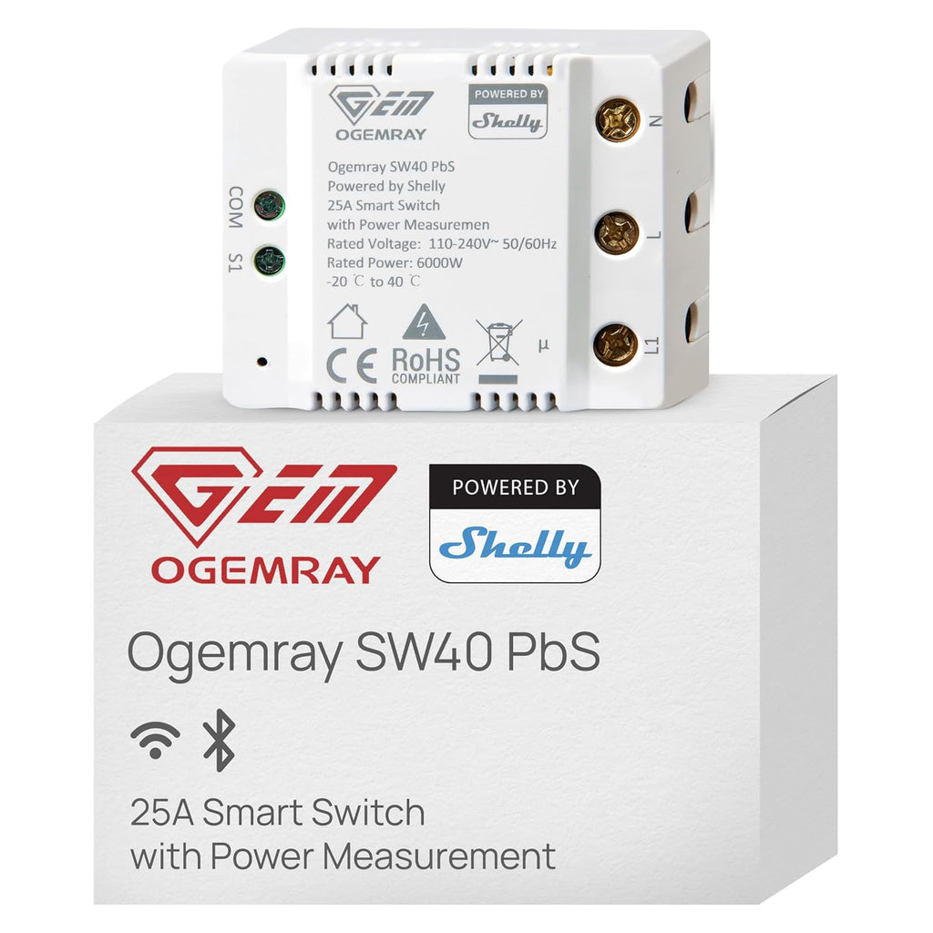 Ogemray Smart Relay Switch, 25A, Power Metering, Wi-Fi & Bluetooth, 6000W