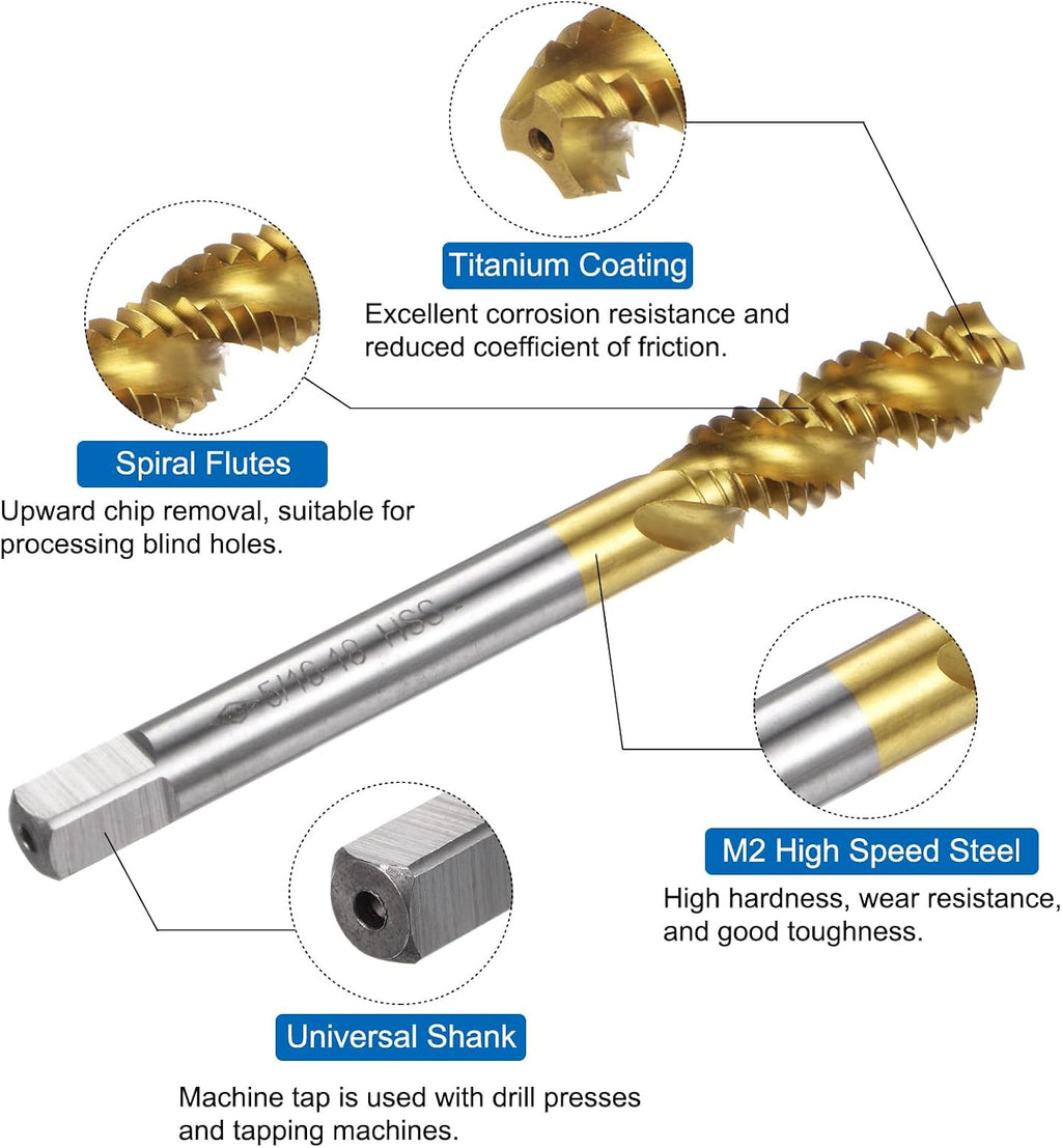 uxcell 3pcs Spiral Flute Thread Taps,5/16-18 UNC H2 Screw Threading Tap