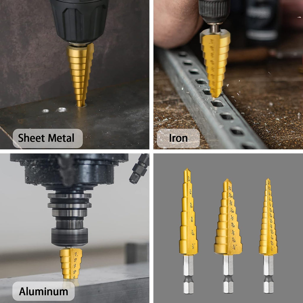 3PCS HSS Step Drill Bit Set for Metal Titanium Unibit