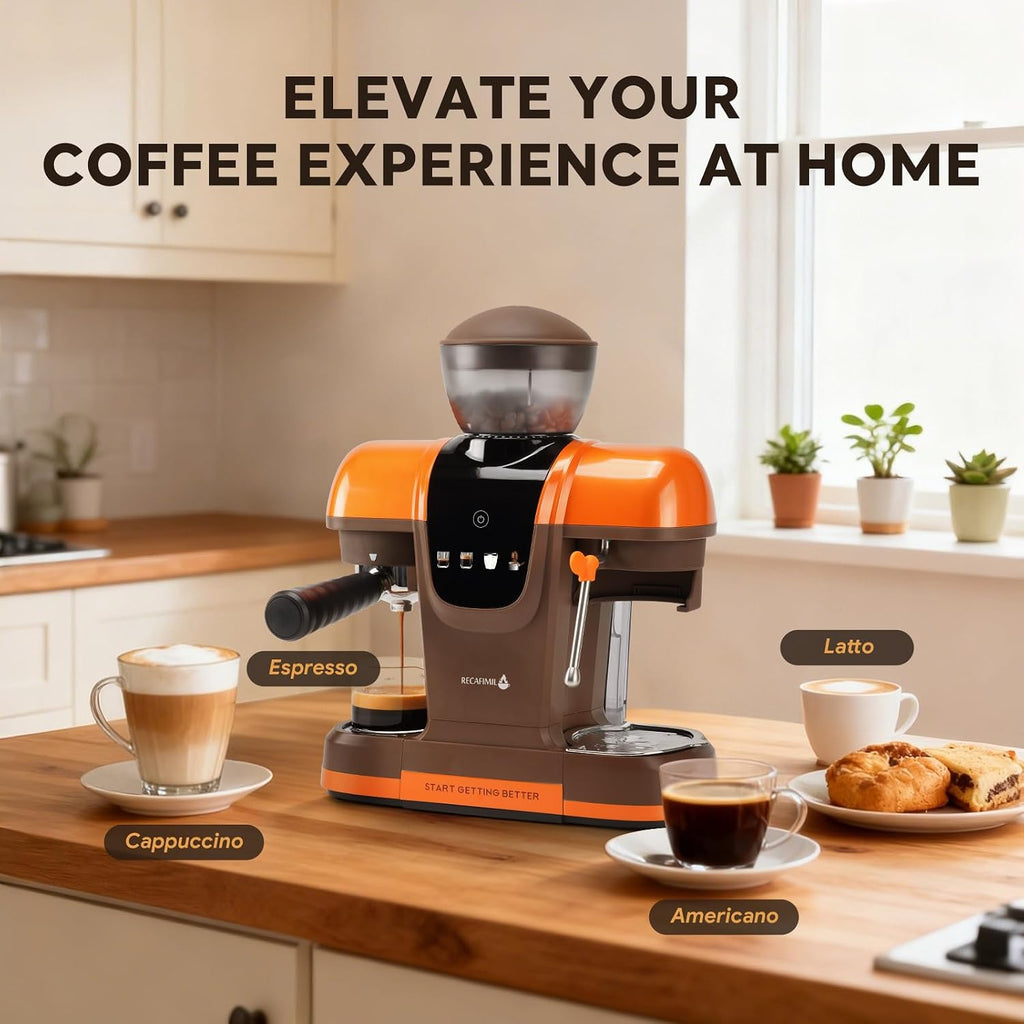 Semi-Automatic Espresso Machine with Grinder, 20 Bar Professional Coffee Maker with Milk Frother, Latte & Cappuccino