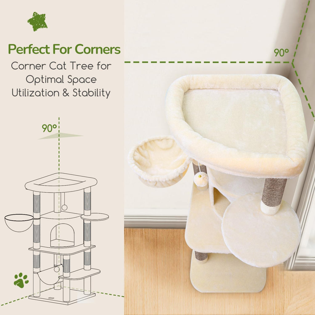 Corner Cat Tree, 51in Curved Series Modern Cat Tower for Indoor Cats with Hammock, 7 Sisal Scratching Posts, Large