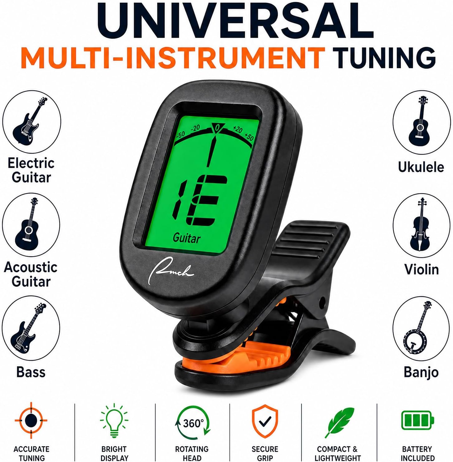 Clip-On Tuner for Guitar Bass Ukulele Violin Banjo - Chromatic | Vibration-Based Noise Immunity, 360° Rotatable