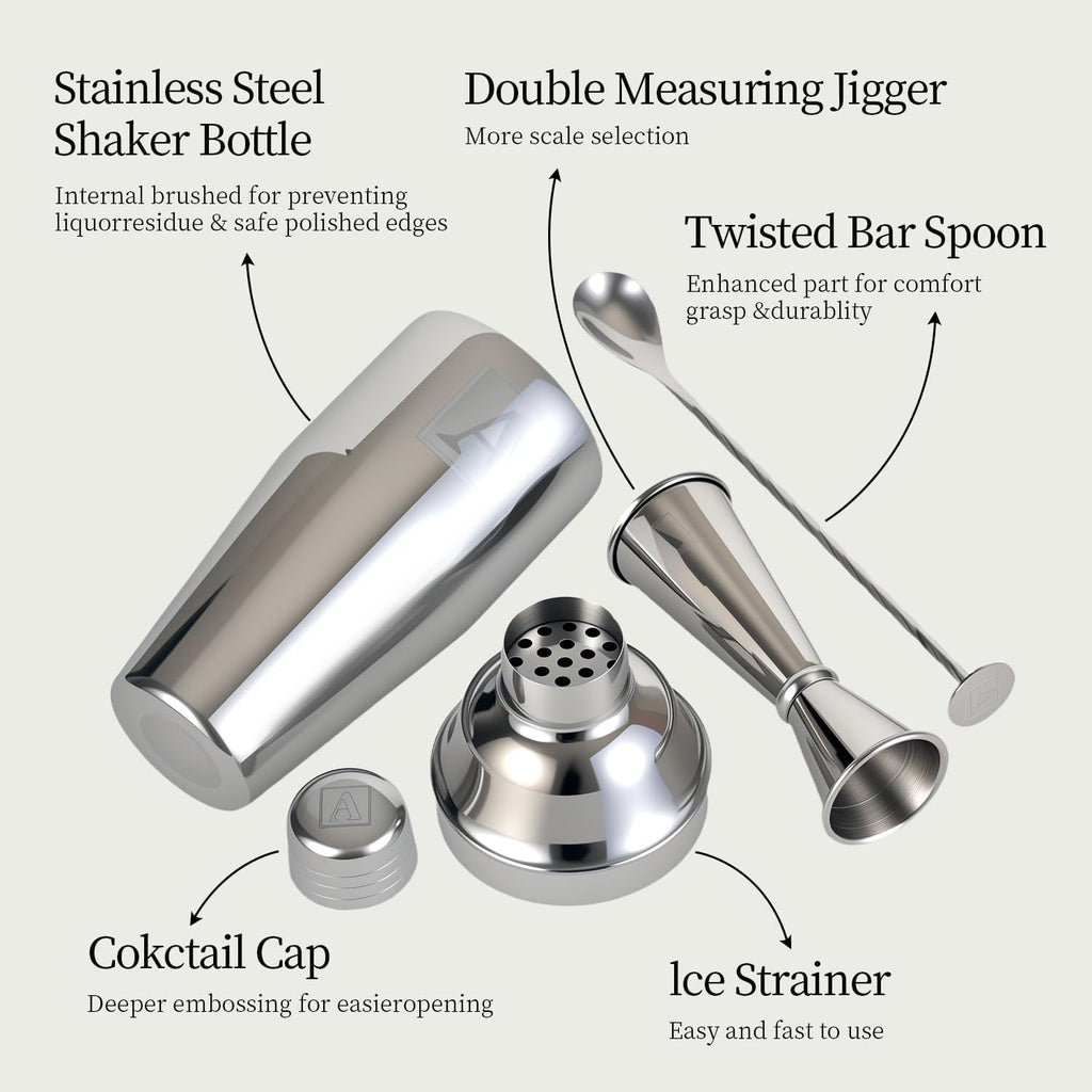 24oz Cocktail Shaker Set with 1 oz 2oz Jigger - Monogramm Initials Martini Shaker Set - 304 Stainless Steel Bar
