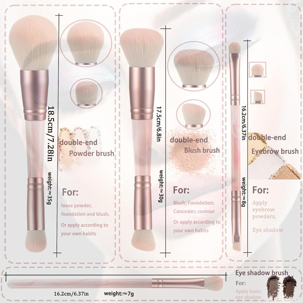 Pink Makeup Brushes set, 4 Dual-Ended Brushes, 3 Makeup Sponges & 1 Metal Stand, Professional Complete Cosmetic Brush
