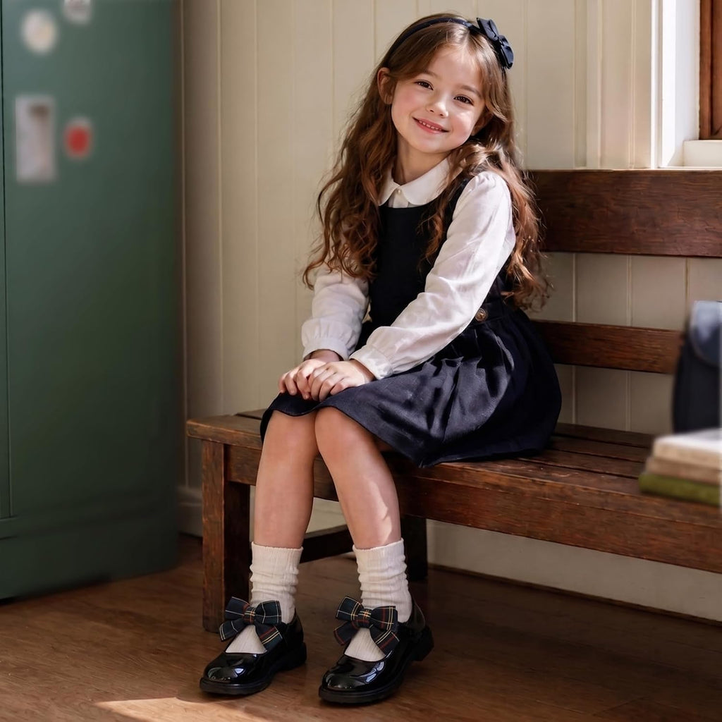 Girls Black Mary Jane Dress Shoes School Shoes | Bow Soft Insole Hook‑and‑Loop Strap Flats for Toddler Little & Big Girl
