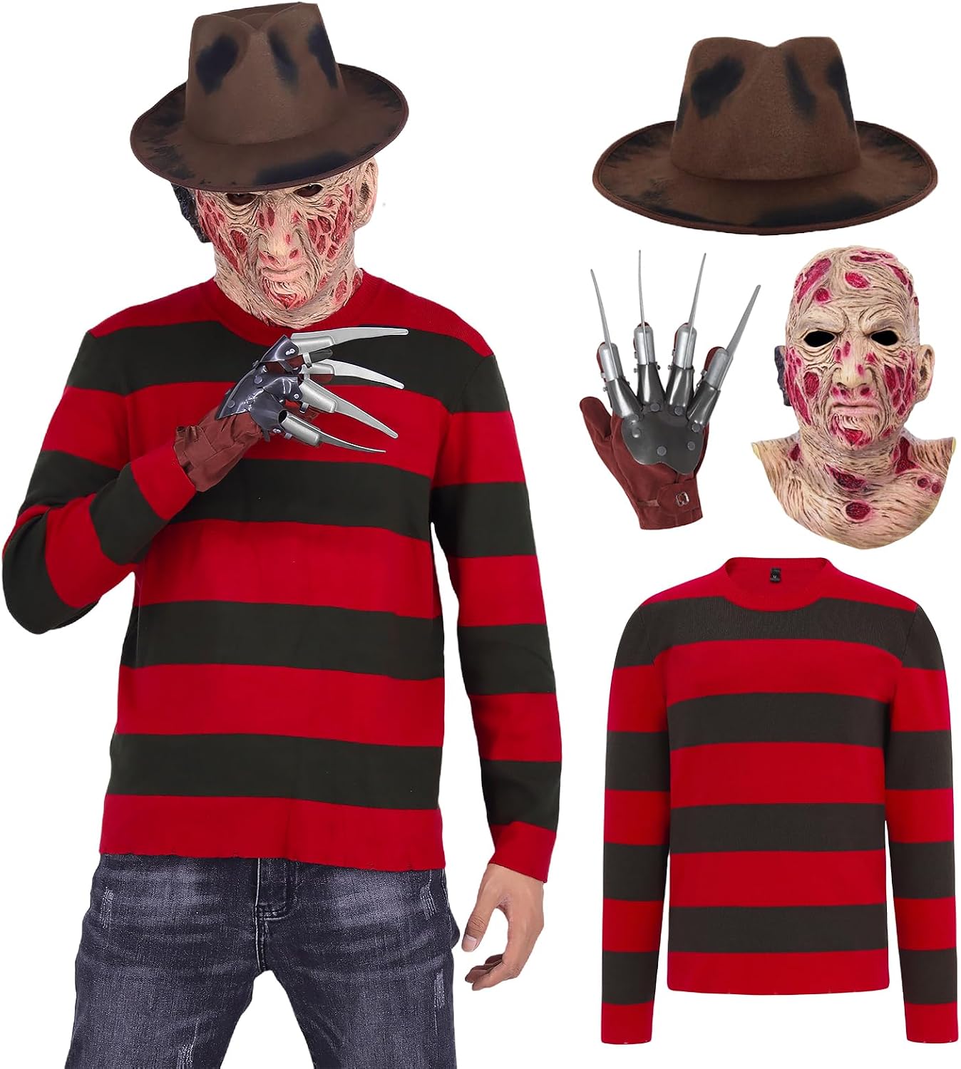 Adult Halloween Costumes for Mens Horror Costume Striped Sweater with Hat Claw Gloves Mask