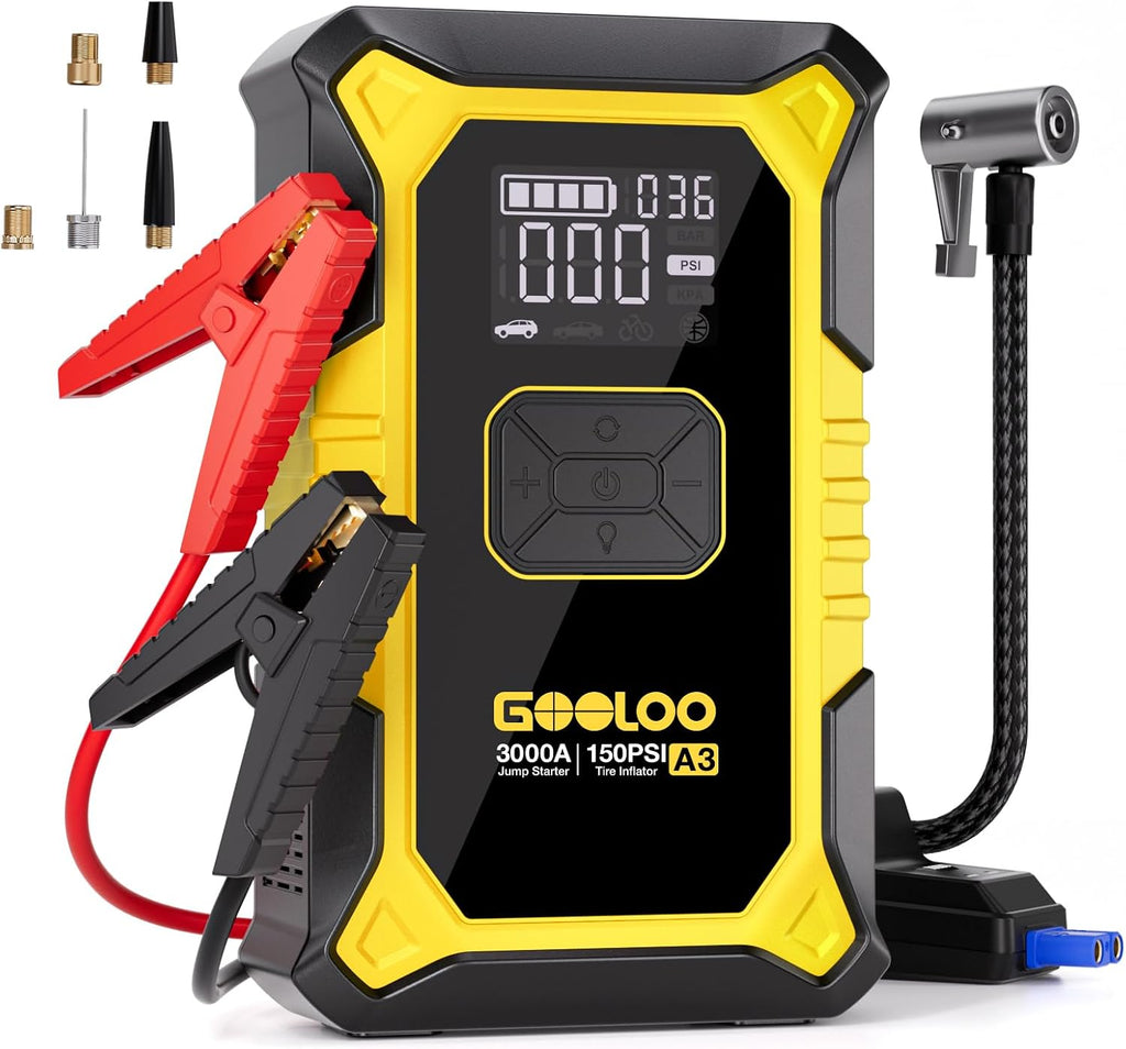 A3 Jump Starter with Air Compressor, 3000A Portable Car Battery Jumper Starter (9.0L Gas/6.5L Diesel) with 150PSI