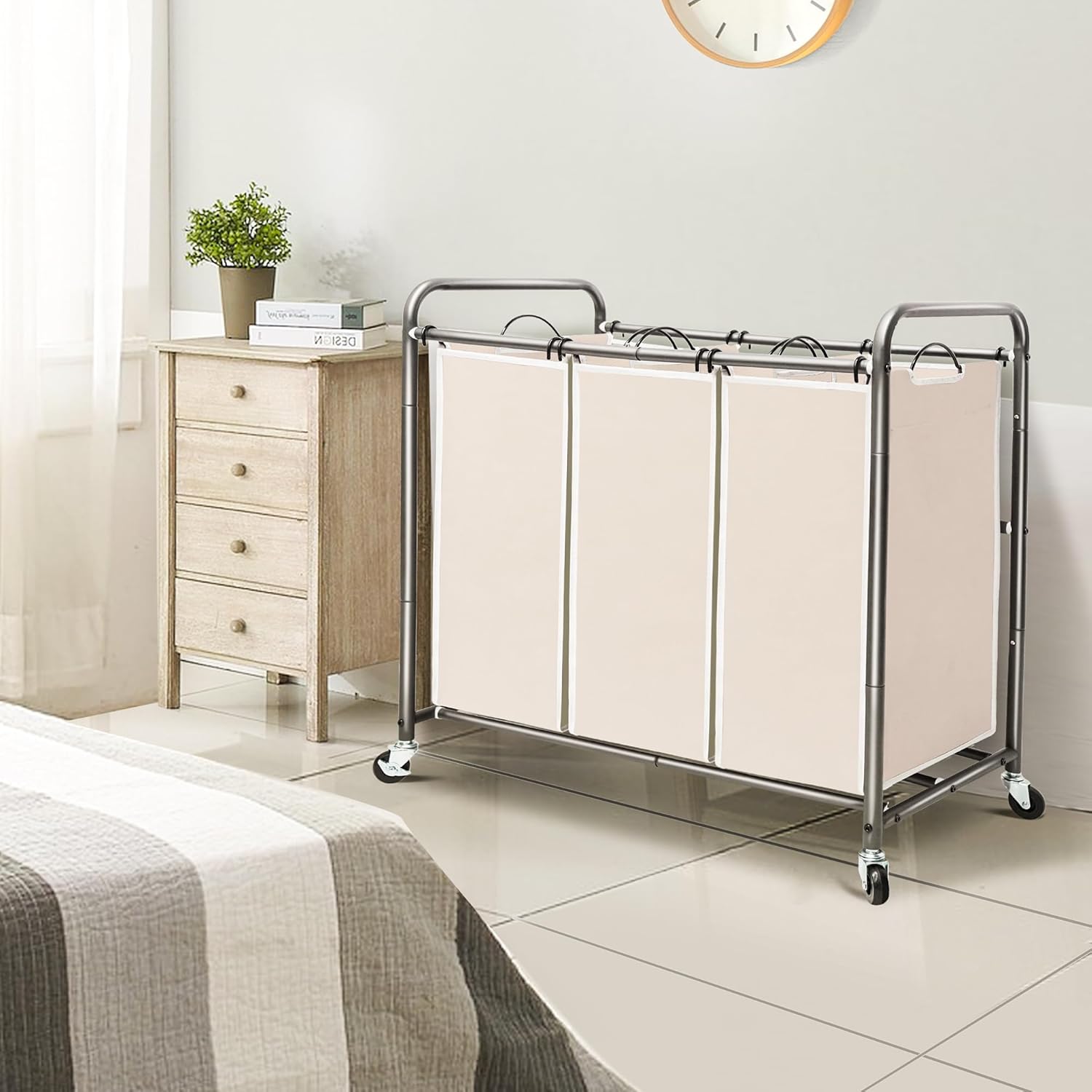 Laundry Sorter 3 Section, 3 Bag Clothes Hamper, Rolling Laundry Cart Basket with Heavy Duty Lockable Wheels and